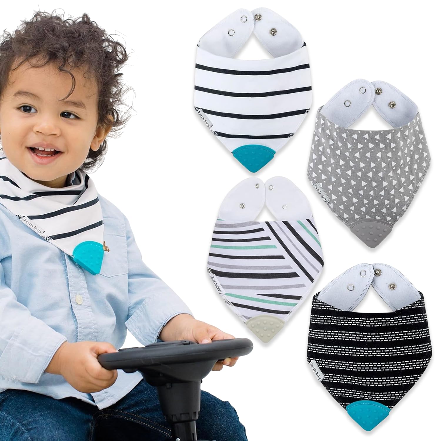 Bazzle Baby Bandana Teething Bibs 4-Pack - Soft Cotton Drool Bibs for Boys & Girls with Silicone Teether for Teething Relief, Adjustable & Absorbent Baby Bibs for Drooling (Black & White) - Perfect for Feeding, Playtime & Everyday Use