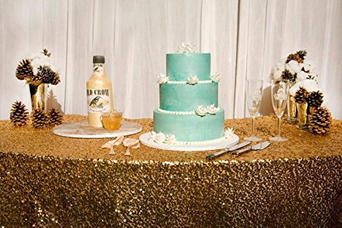 Mrs. Freund & Co. Glitter Sequin Round Tablecloth - 120 Inch Gold Sparkling Party Table Cover for Weddings, Banquets, and Special Events
