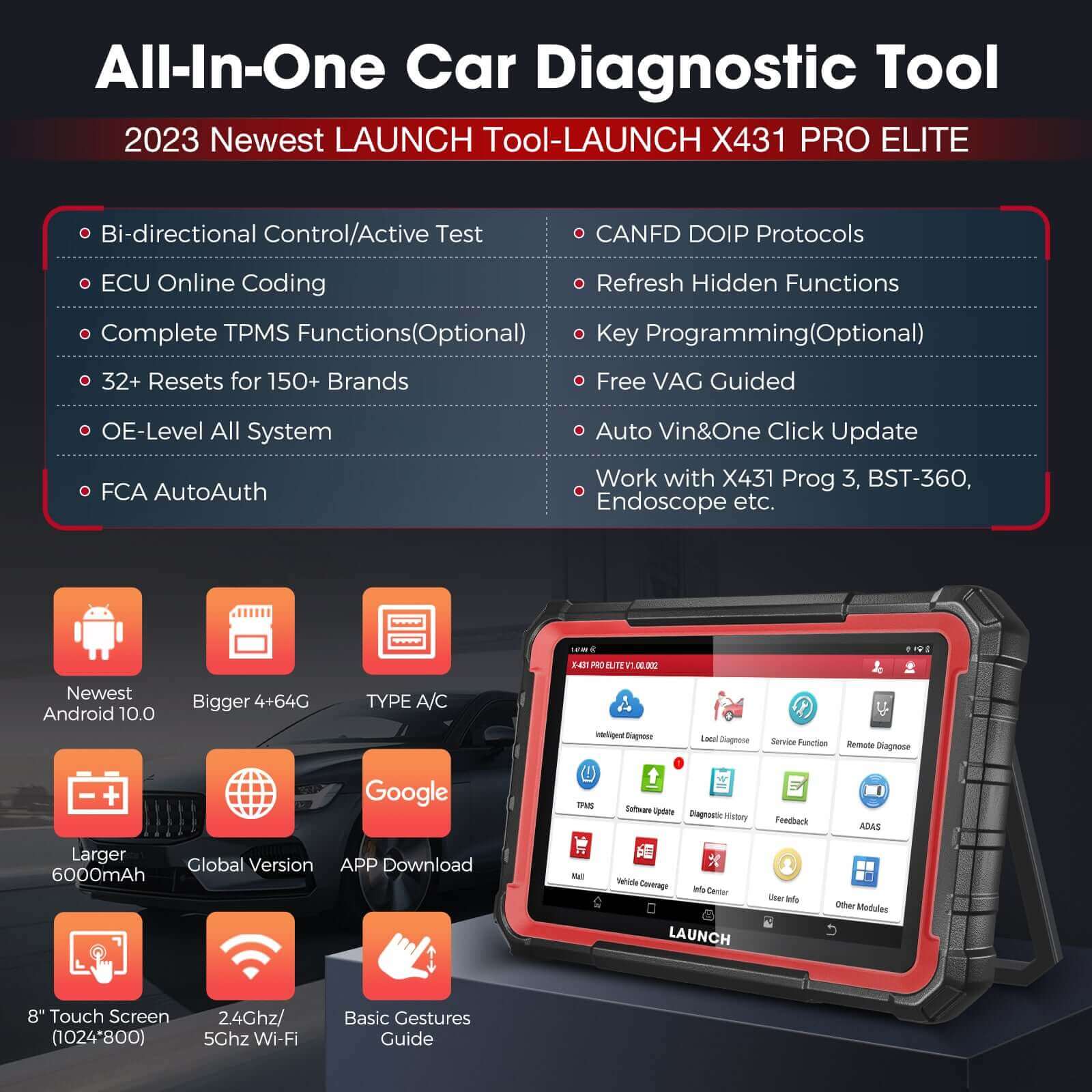 2025 LAUNCH X431 PRO Elite OBD2 Scanner - Bi-Directional Diagnostic Tool with ECU Online Coding, Full System Coverage, 37+ Reset Services, CANFD/DOIP, FCA, Key Programming (2 Years Free Updates) - Perfect for Auto Shops & DIY Car Maintenance