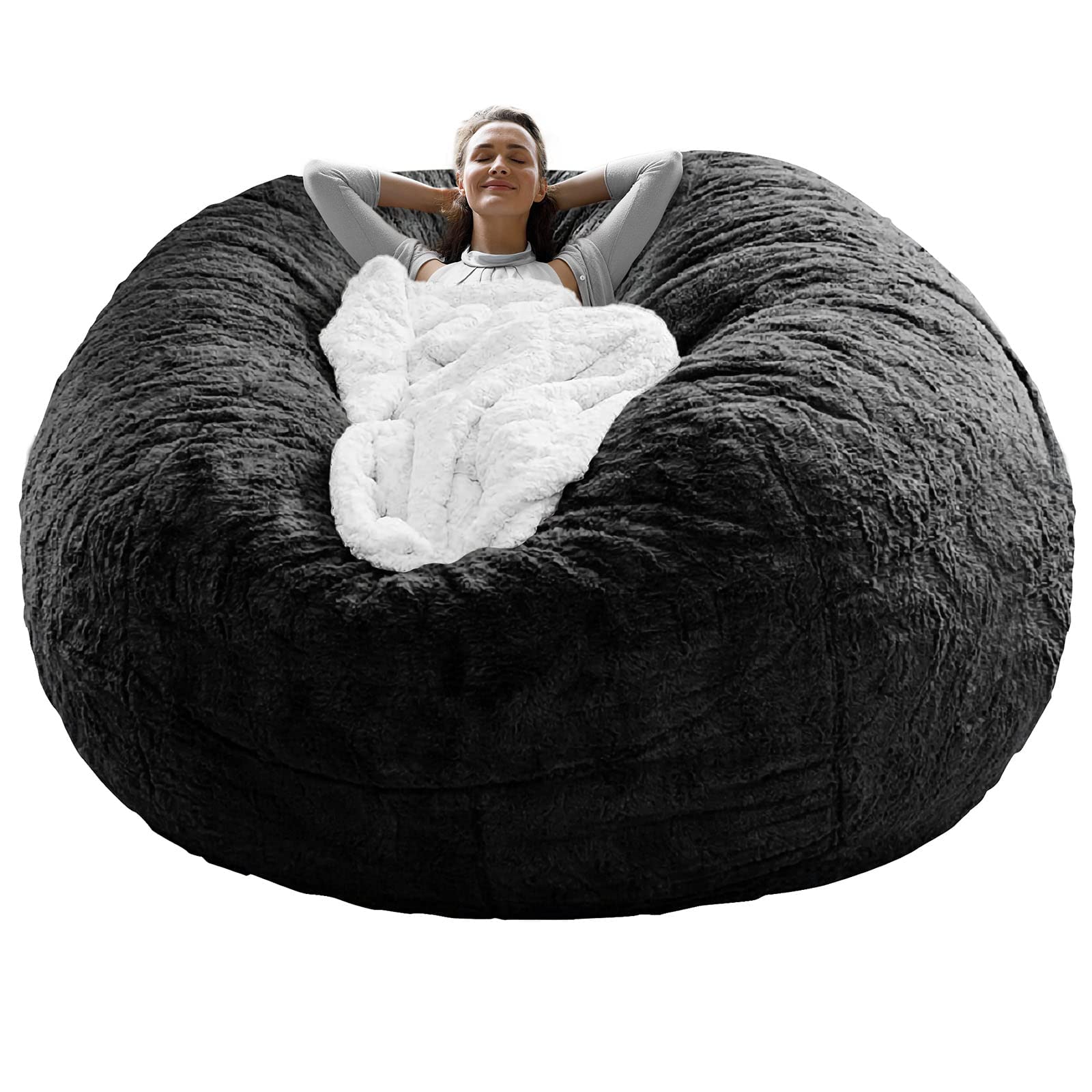 RAINBEAN Bean Bag Chair Cover Only (Not Full Bean Bag) - 6ft Big Round Soft Fluffy PV Velvet Sofa Bed Slipcover - Black - Perfect for Living Room, Bedroom, Dorm or Game Room Furniture
