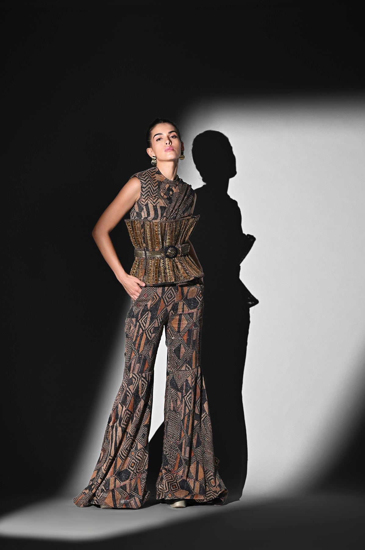 Brown Geometric Print Bodysuit and Pant Set with Attached Drape - Stylish Women's Outfit for Casual Wear, Date Night & Special Occasions