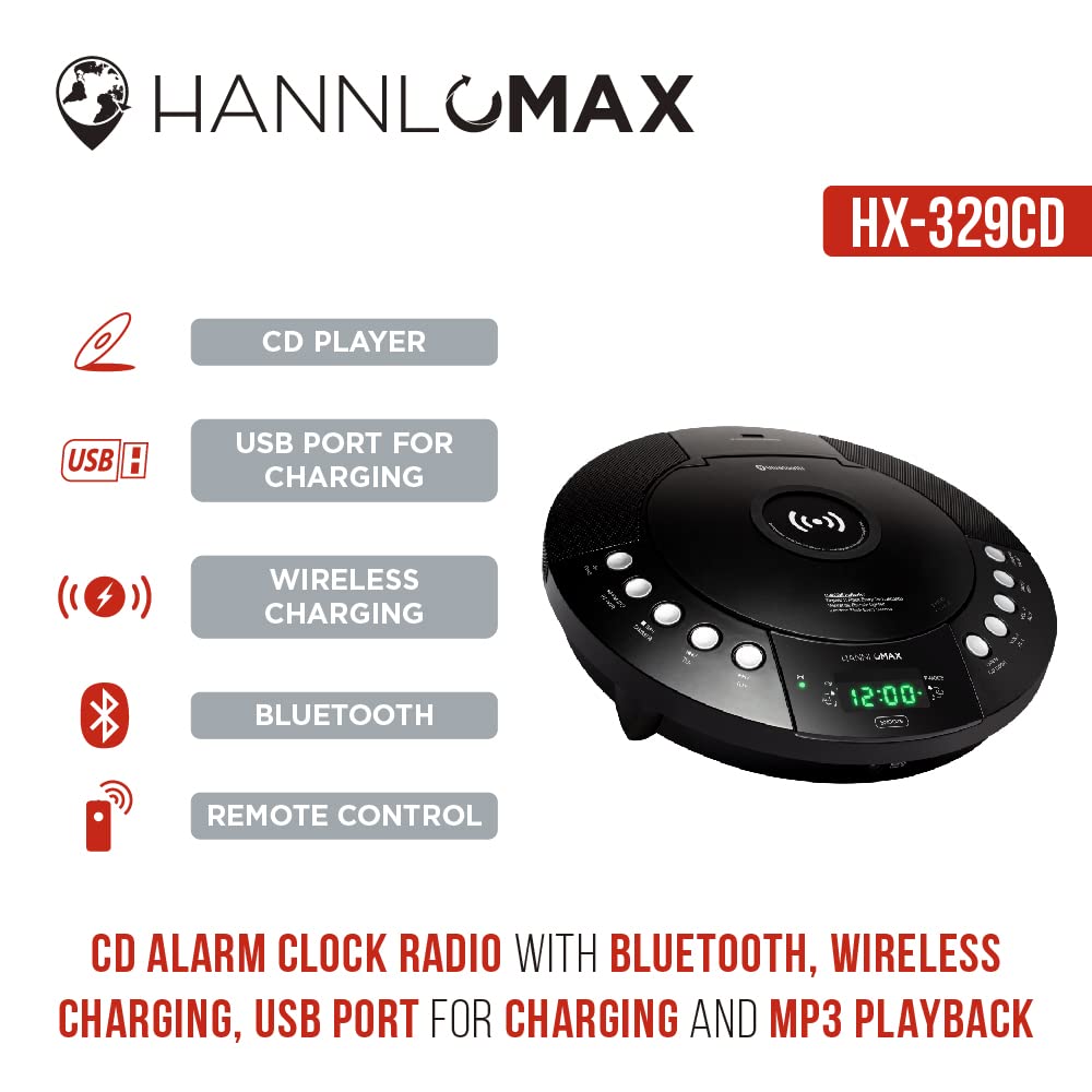 HANNLOMAX HX-329CD Wireless Charging CD Player with Bluetooth, FM Radio, Digital Clock & Dual Alarm - Green LED Display, USB/Aux-in Port, Remote Control - Perfect for Bedroom, Office & Car Use