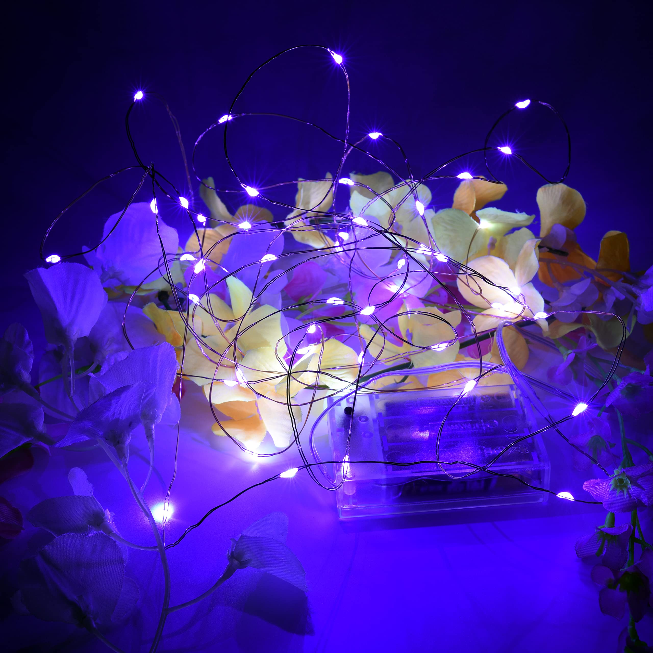 16Ft Battery Operated Fairy Lights with 8 Flashing Modes & Timer - 8 Hours On/16 Hours Off - Purple LED String Lights for Bedroom, Wedding, Party, Christmas Tree & Home Decor (1 Pack)