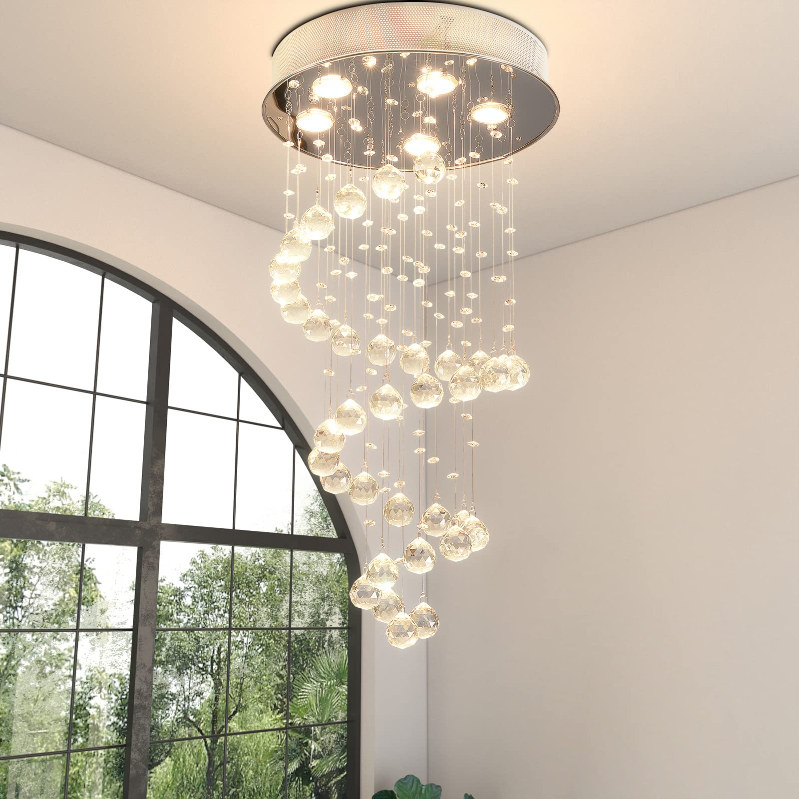 Maxax 5-Light Modern Crystal Raindrop Chandelier - K9 Clear Ball Flush Mount Ceiling Light Fixture for Living Room, Bedroom, Dining Room | Elegant Lighting for Hallways, Staircases & Home Decor