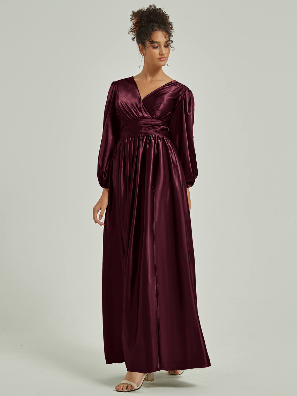 Elegant Cabernet Satin Bridesmaid Dress with 3/4 Sleeves, V-Neck & Pleated Slit Detail - Perfect for Weddings, Formal Events & Special Occasions