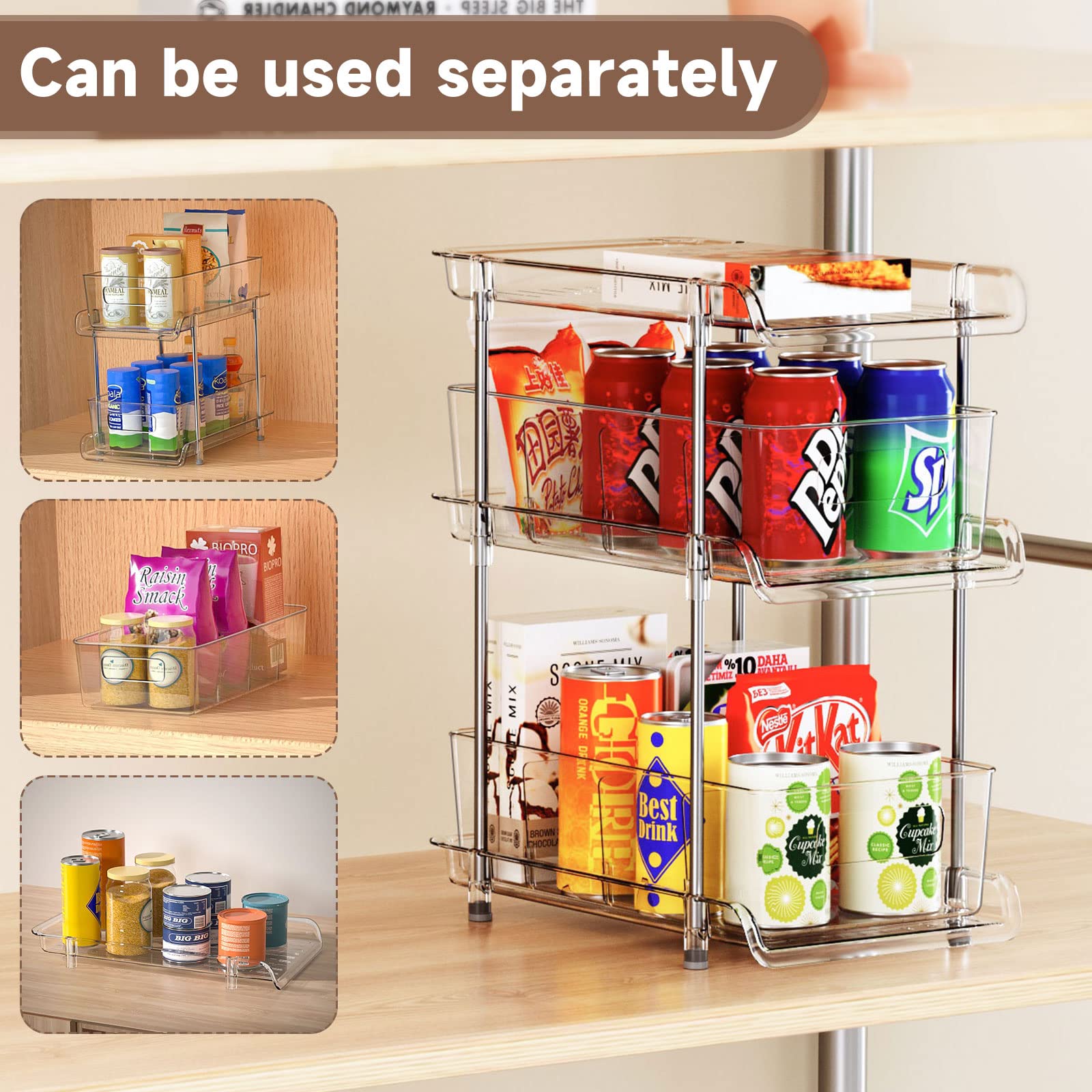 3-Tier Clear Bathroom Organizer with Dividers - Multi-Purpose Pull-Out Pantry Storage - Under Sink Closet Organizer - Vanity Skincare & Cosmetic Organizer - Perfect for Bathroom, Kitchen, Bedroom, and Office Organization