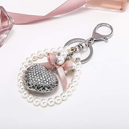 Fuqimanman2020 Elegant Crystal Heart Keychain with Rhinestone Bow & Pearl Accents - Perfect Valentine's Day Jewelry Gift for Her | Romantic Present, Anniversary Keepsake, Purse Accessory