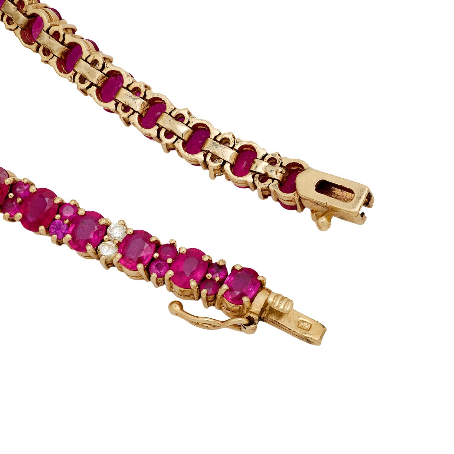 Vintage 13.45 Carat Ruby & Diamond Tennis Bracelet in 14K Yellow Gold - Elegant Jewelry for Weddings, Parties & Special Occasions