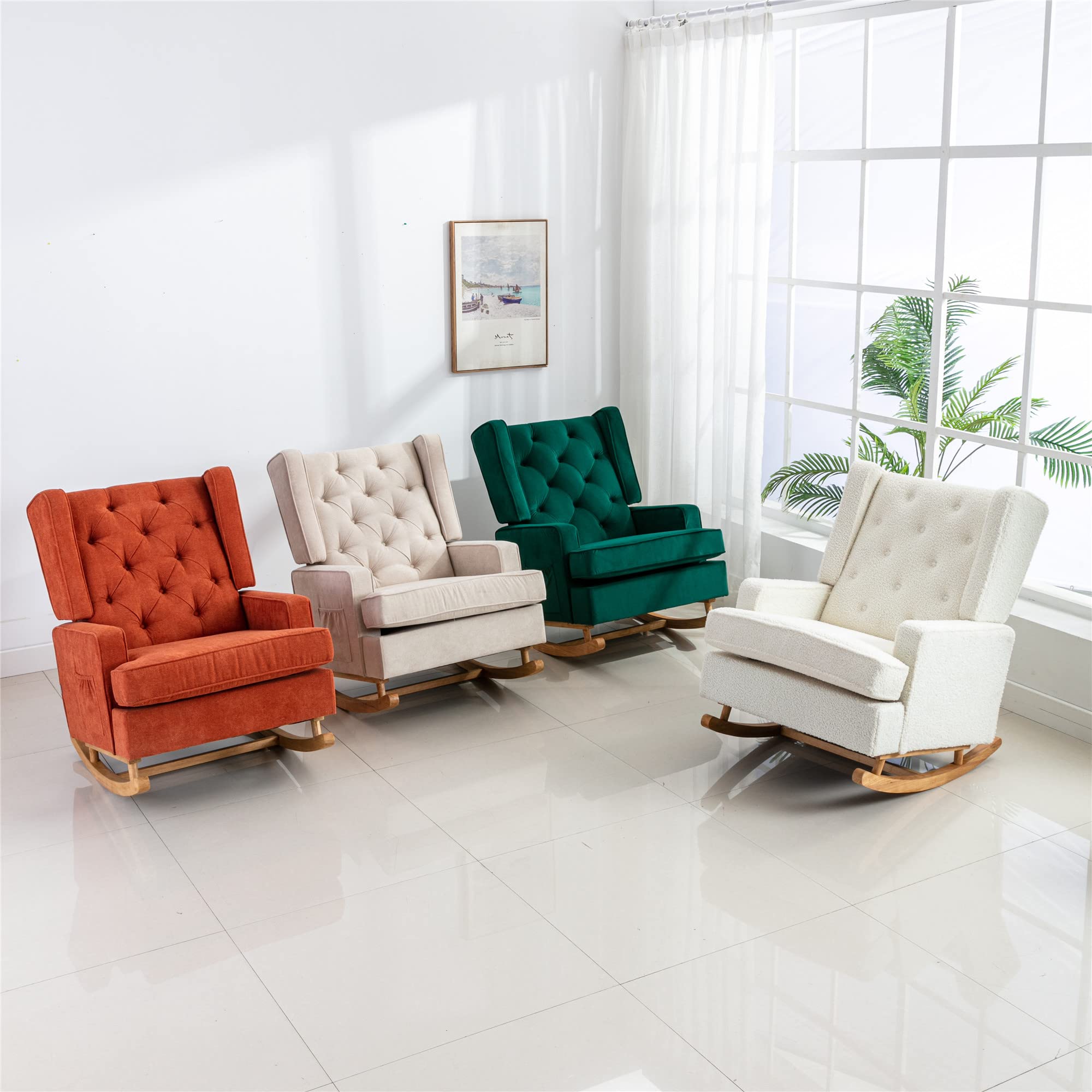 Bellemave White Teddy Rocking Chair - Upholstered Mid Century Modern Accent Chair for Living Room, Nursery & Baby Room with Solid Wood Base - Cozy Rocker for Relaxing, Nursing & Reading
