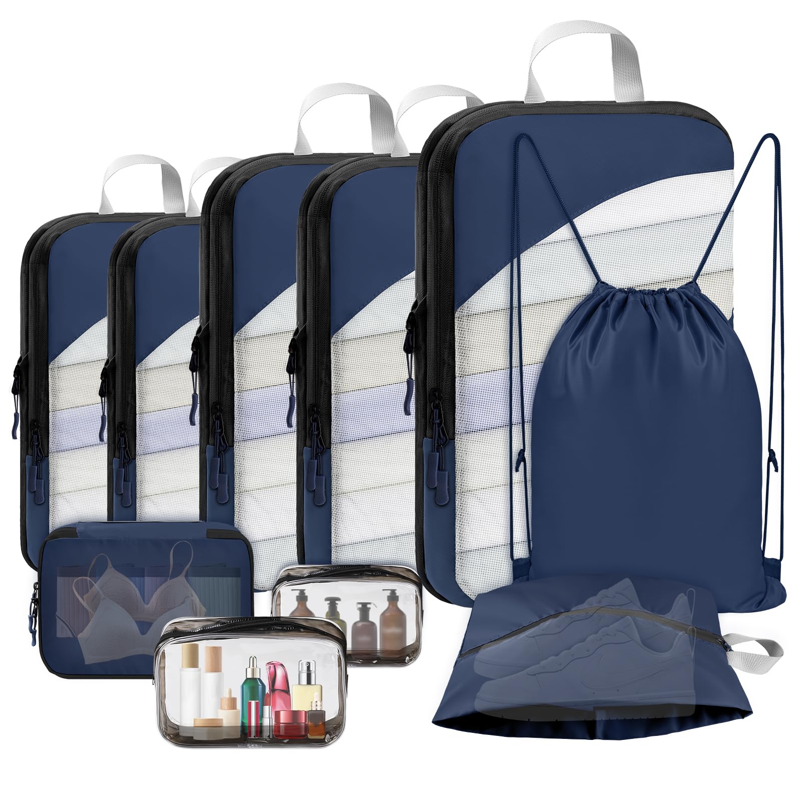 10-Piece Compression Packing Cubes Set - Lightweight Expandable Travel Organizers for Luggage & Suitcases | Navy Blue Storage Bags for Clothes, Shoes & Travel Accessories | Perfect for Business Trips, Vacations & Backpacking