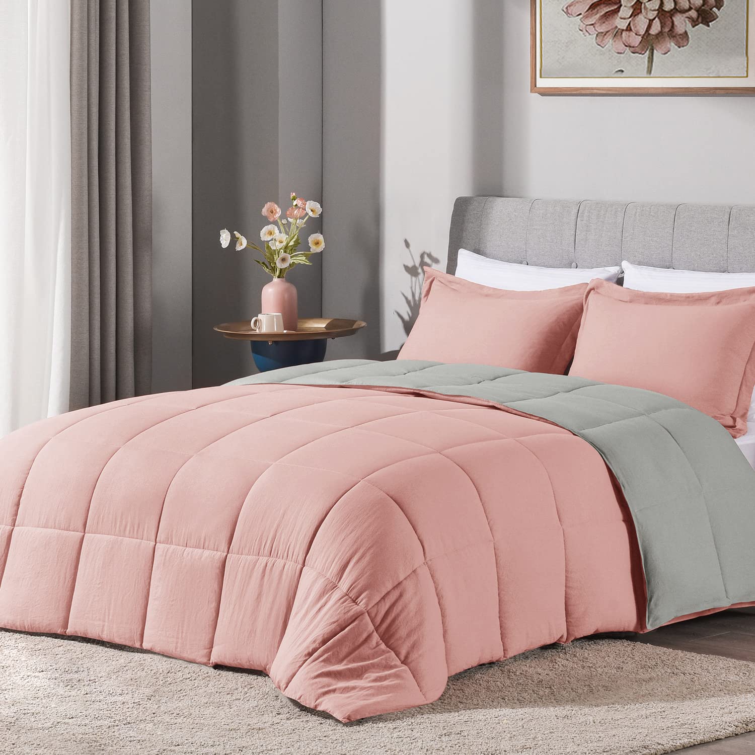 LOVTEX 3-Piece Pink and Gray Reversible Comforter Set - Ultra Soft Washed Microfiber Queen Bedding - Down Alternative Comforter with 2 Pillow Shams (Pink/Grey) - Perfect for Cozy Bedrooms, Guest Rooms & Dorm Decor
