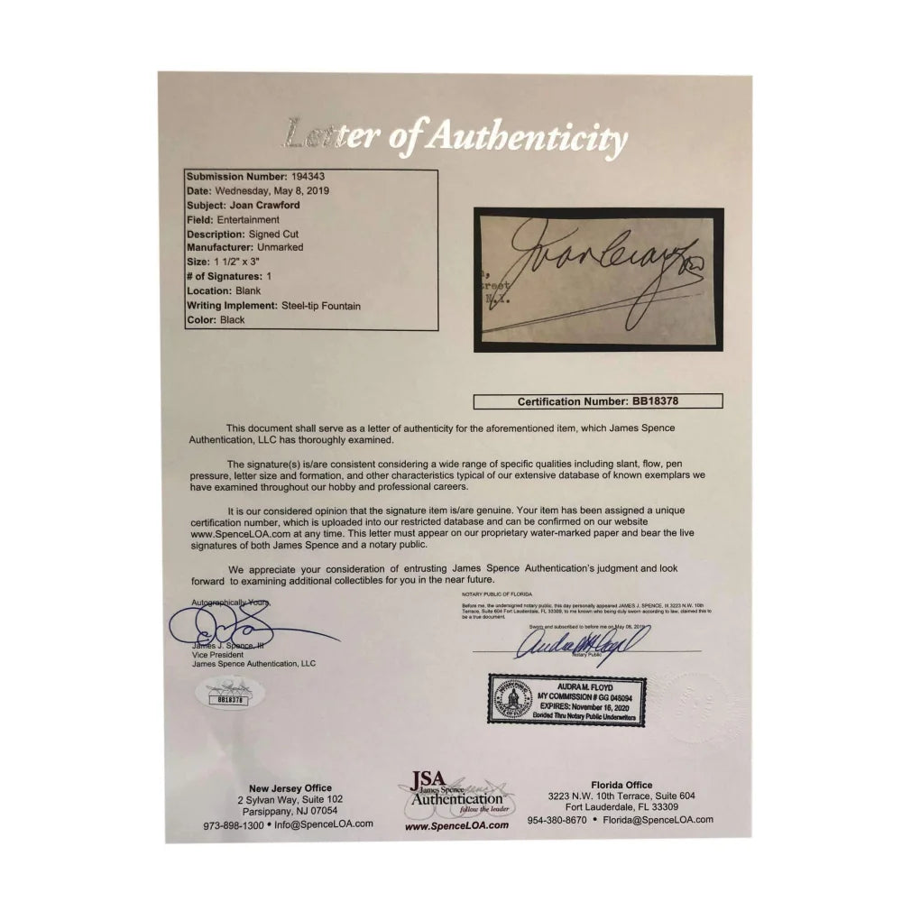 Joan Crawford Autographed Cut Signature with JSA COA - Academy Award Winning Actress Memorabilia - Perfect for Collectors, Movie Fans, and Framed Display
