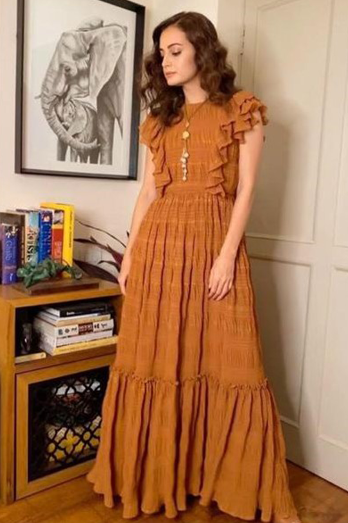 Mustard Gold Woven Zari Maxi Dress for Women - Elegant Indian Party Wear & Wedding Guest Outfit - Perfect for Festivals, Ceremonies and Special Occasions