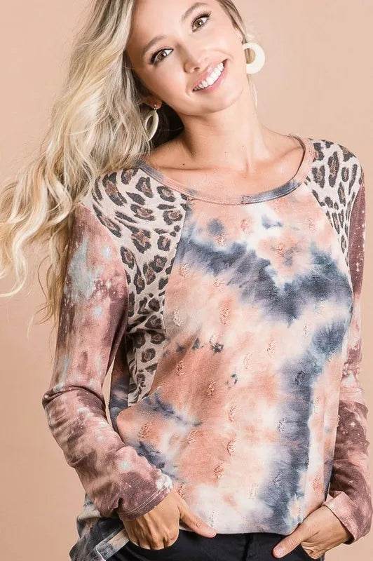 BiBi Tie Dye Distressed Knit Top with Leopard Shoulder - Trendy Women's Vintage Style Sweater for Casual Outings & Streetwear Fashion