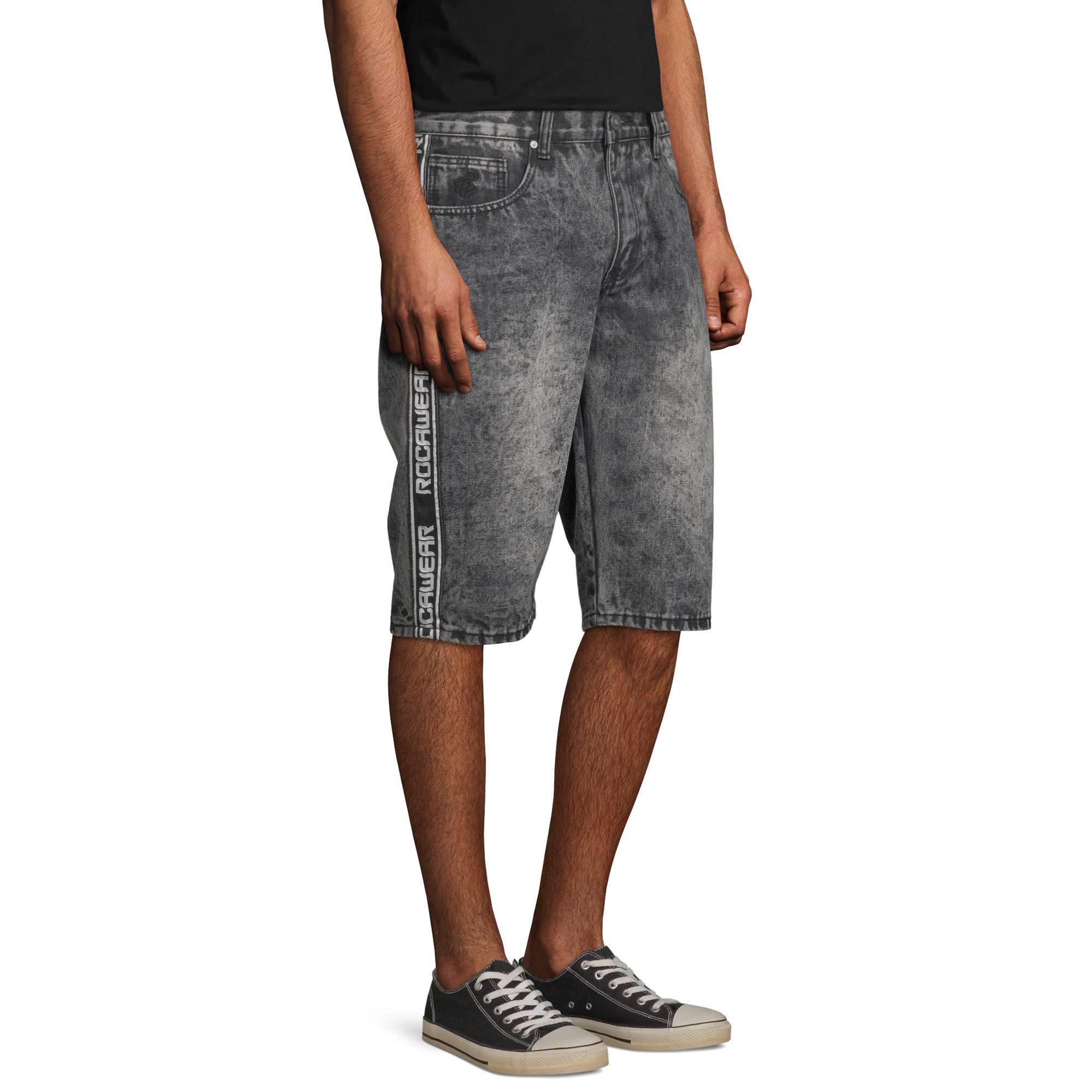 Rocawear Men's Marquis Classic 5-Pocket Denim Shorts with Taped Side Stripe | Comfortable Casual Shorts for Men | Perfect for Summer, Beach, and Outdoor Activities (Black Blast)