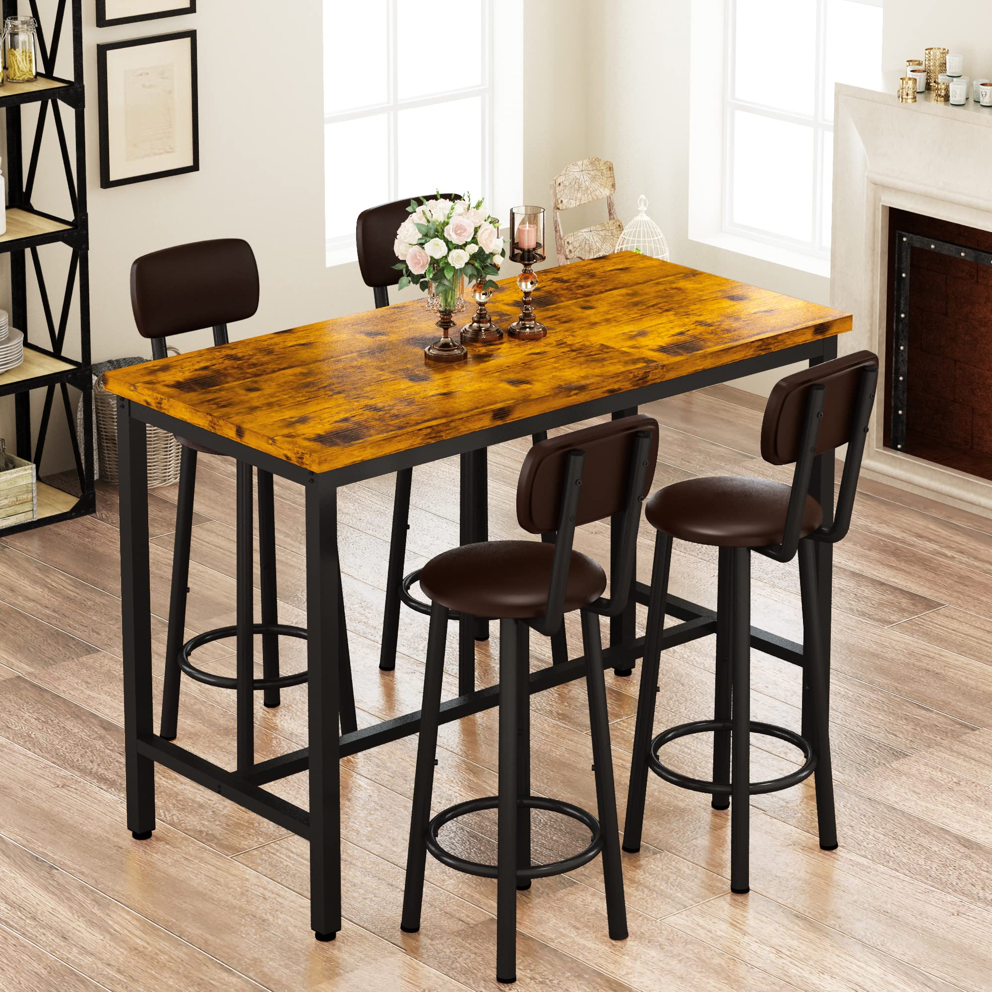 **Industrial Counter Height Dining Table Set for 4 with PU Upholstered Stools - Rustic Brown Kitchen Pub Table for Small Spaces, Restaurants & Home Use | Perfect for Compact Kitchens, Breakfast Nooks & Entertaining**