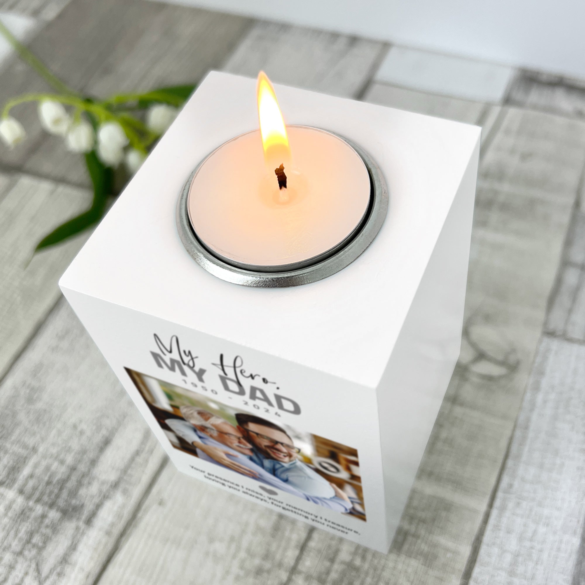 Personalized Memorial Bold Text White Wooden Photo Tea Light Holder - Engraved Candle Holder for Loved Ones, Home Decor, Memorial Gifts, Wedding Favors & Special Occasions