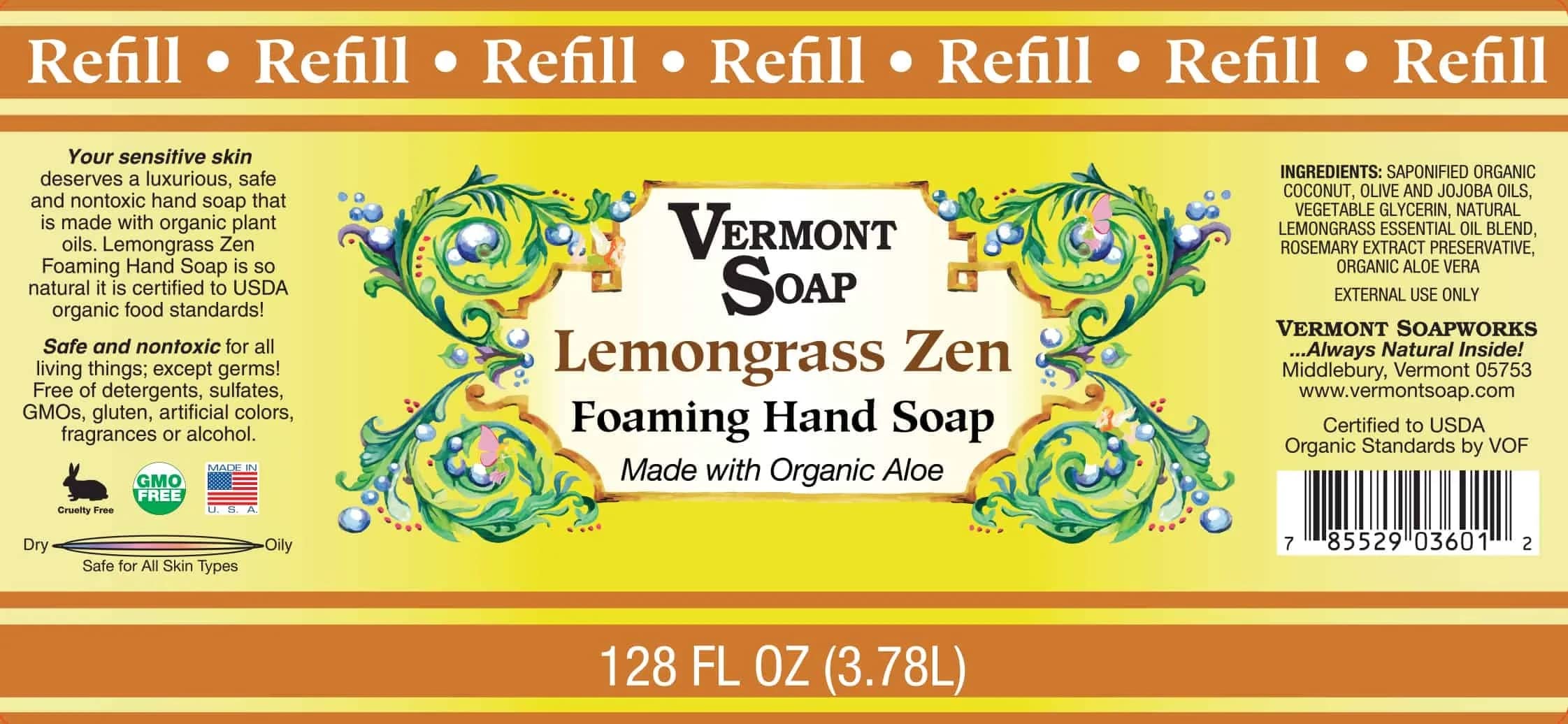 Vermont Organics Foaming Hand Soap - Ready-to-Use Lemongrass Scented Liquid Soap with Pre-Diluted Formula | Gallon Refill Size for Home, Office & Commercial Use | Natural & Economical Hand Wash Solution