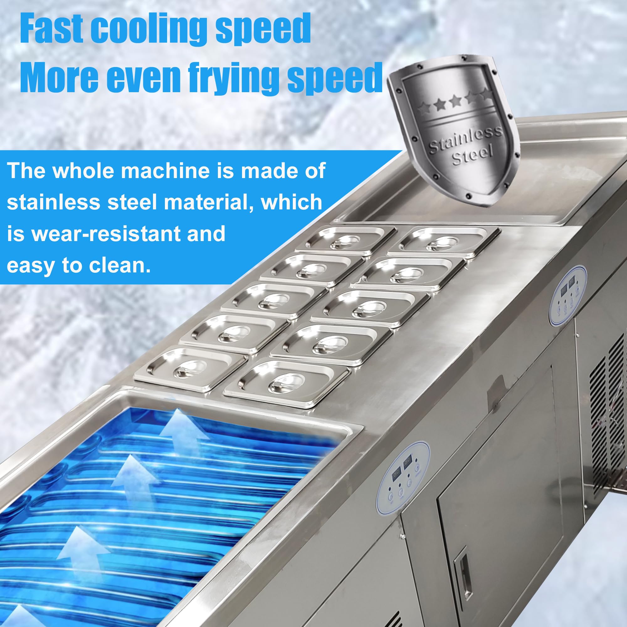 Commercial Electric Stainless Steel Rolled Ice Cream Maker Machine - Double Pot & Compressor for Fried Ice Cream & Yogurt - 10 Buckets with Lids (110V) - Perfect for Restaurants, Cafes & Dessert Shops