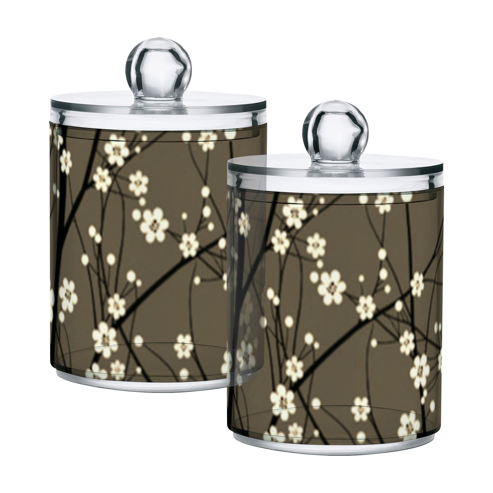 Vintage Retro Tree Branches with White Cherry Blossoms Plastic Storage Jars with Lids - Set of 4, 10 oz Translucent Food Containers for Cotton Swabs, Tea, Cookies & Canning - Perfect for Kitchen, Bathroom & Pantry Organization