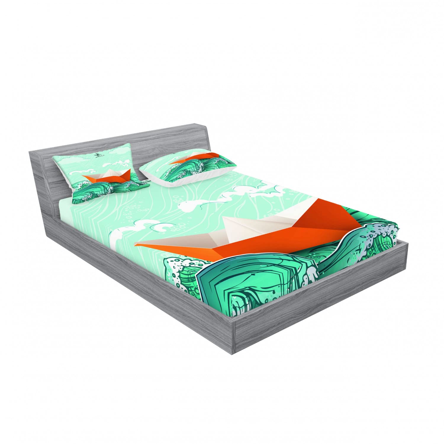 Ambesonne 4-Piece Queen Size Navy Ocean Themed Bedding Set - 2 Fitted Sheets & 2 Pillow Shams with Waves and Sealife Design in Sky Blue & Orange | Perfect for Coastal Decor, Beach House Bedroom, or Nautical Theme Guest Room