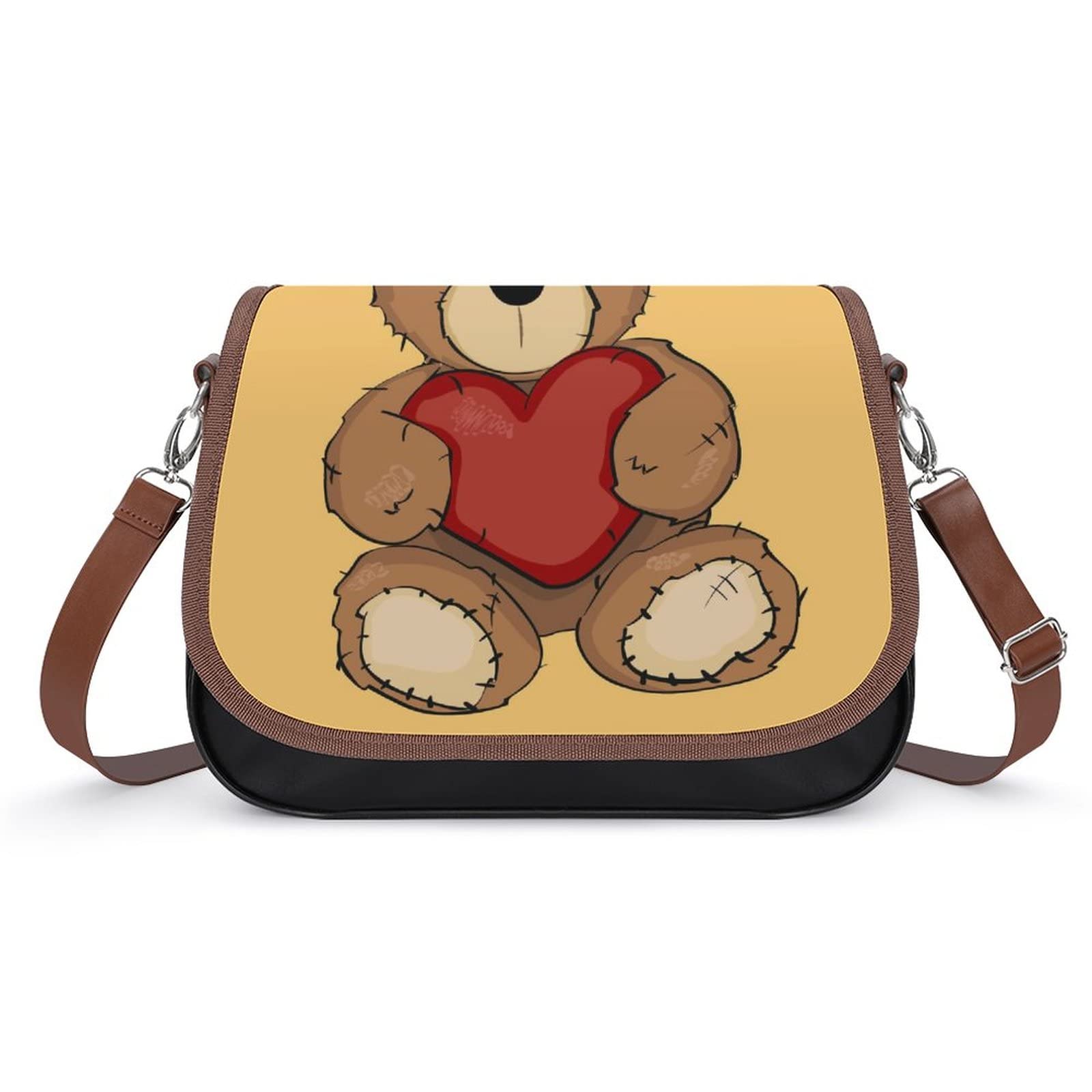 Printed Shoulder Crossbody Bag - Genuine Leather Hobo Purse for Women with Top Handle - Medium Size Satchel in Brown Bear Love Design - Perfect for Work, Travel & Casual Outings