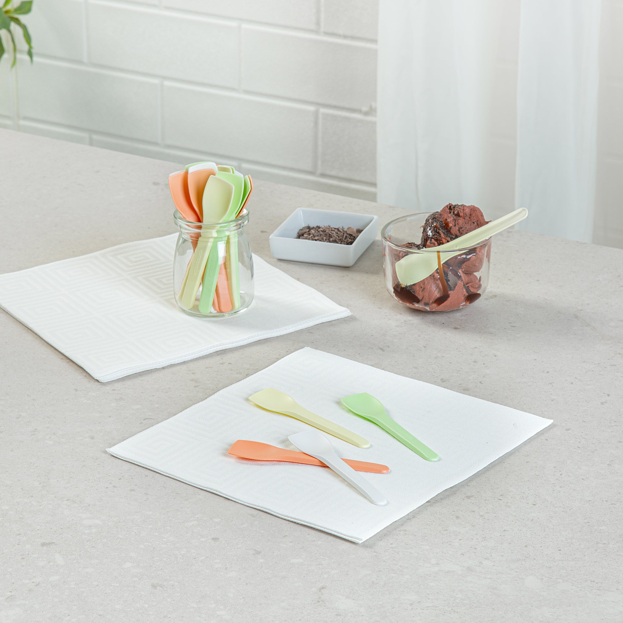 Basic Nature Assorted CPLA Plastic Ice Cream Spoons - Heat Resistant, Compostable, 100-Pack (4 Styles) - Perfect for Parties, Desserts & Eco-Friendly Dining