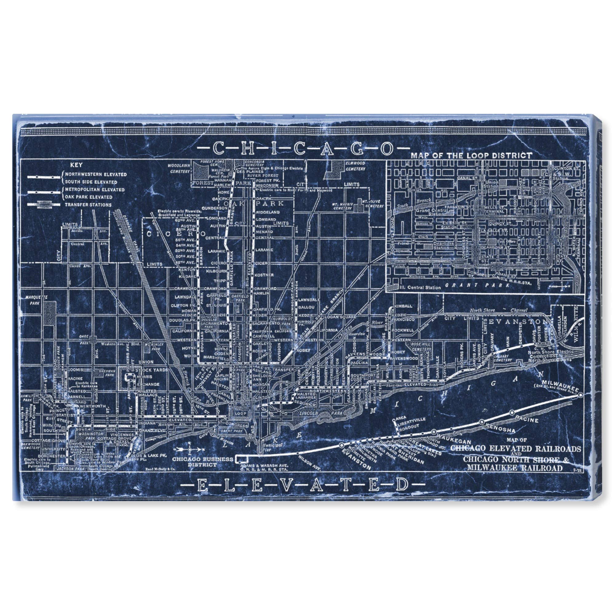 Chicago Railroad Blueprint Map Wall Art Canvas Print - Vintage Style Home Decor for Living Room, Office & Study - Maps and Flags Collection
