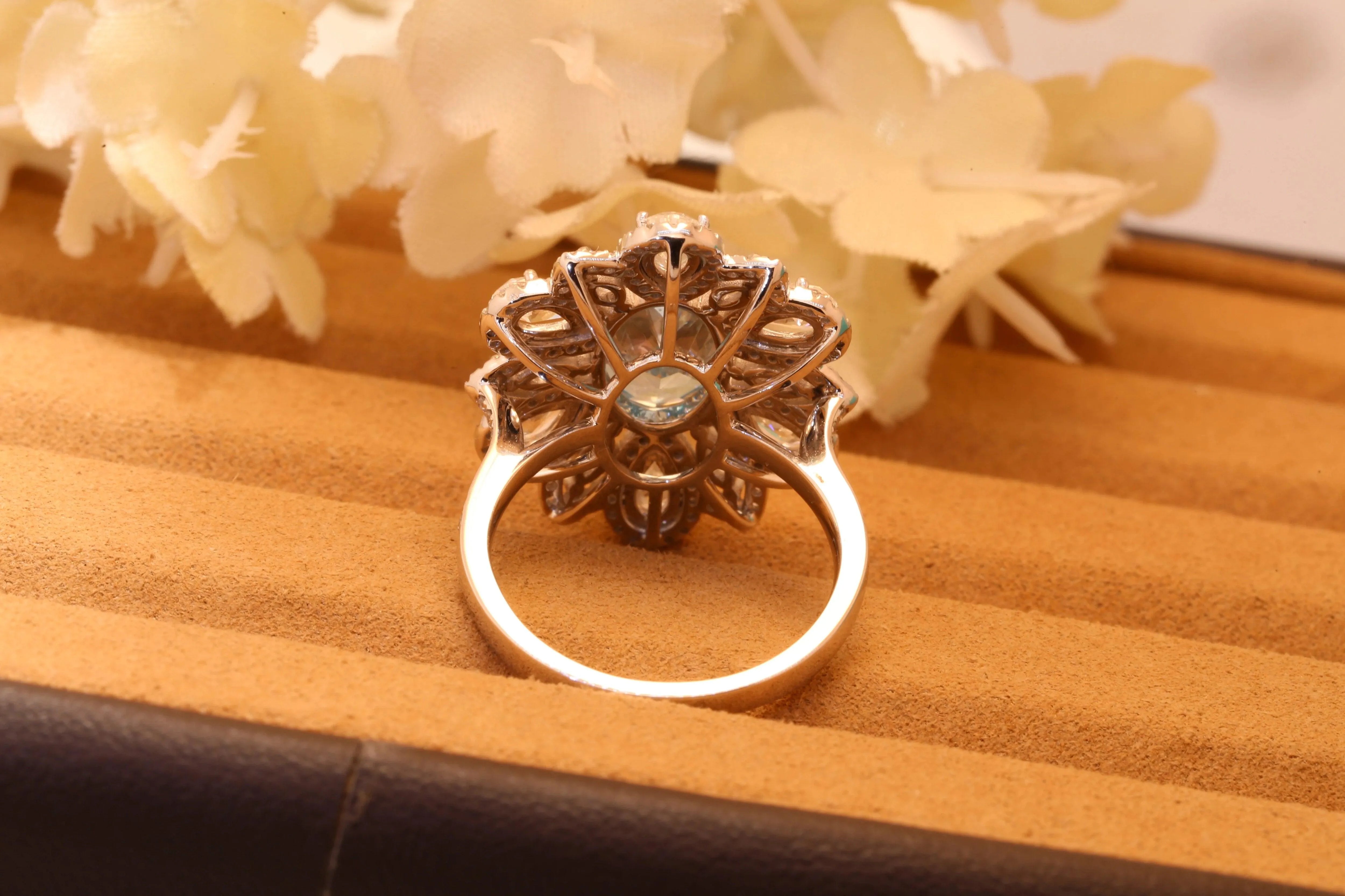 IGI Certified 14k Gold 3.19CT Fancy Intense Greenish Blue CVD Lab Grown Diamond Flower Shape Oval Cut Ring for Women - Perfect for Engagement, Anniversary & Special Occasion Jewelry
