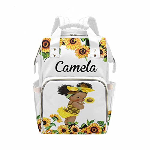 Personalized African American Girl Baby Diaper Backpack - Large Capacity Sunflower Diaper Bag with Name Customization, Baby Daypack Organizer & Nappy Backpack for Girls | Perfect for Daycare, Travel & Mommy Outings
