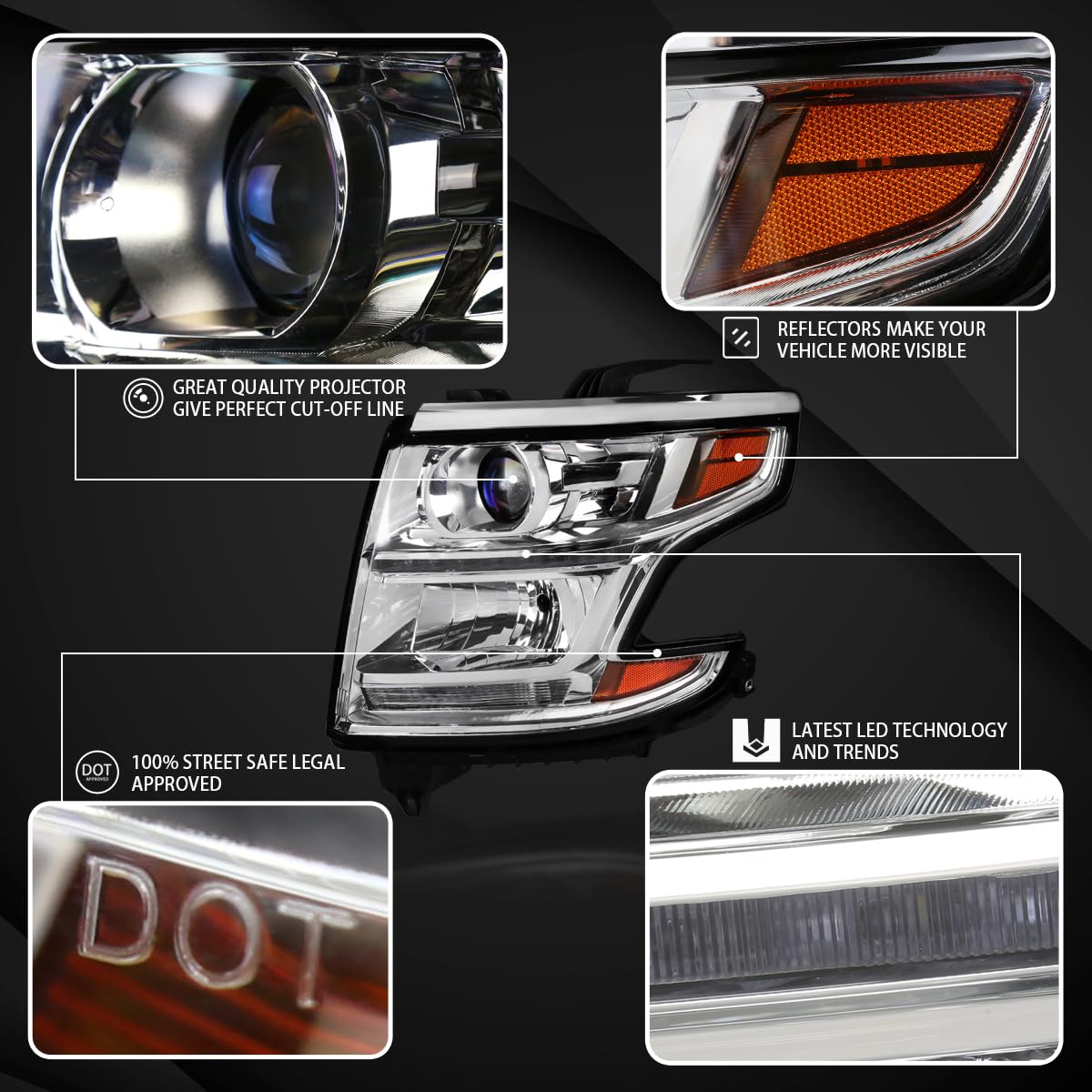 AUTOZENSATION Replacement Headlights Assembly for 2015-2020 Chevy Tahoe & Suburban - Left & Right Pair Chrome Projector Headlights with LED DRL Strip - Perfect for Night Driving & Off-Road Adventures
