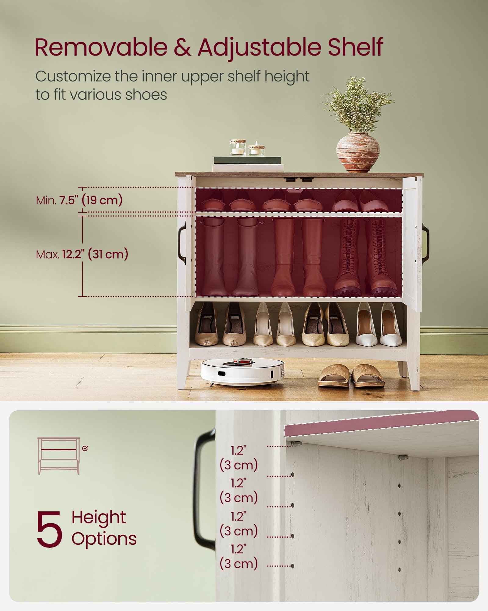 VASAGLE 3-Tier Shoe Storage Cabinet - Farmhouse Style Freestanding Organizer with Adjustable Shelves, 13.8