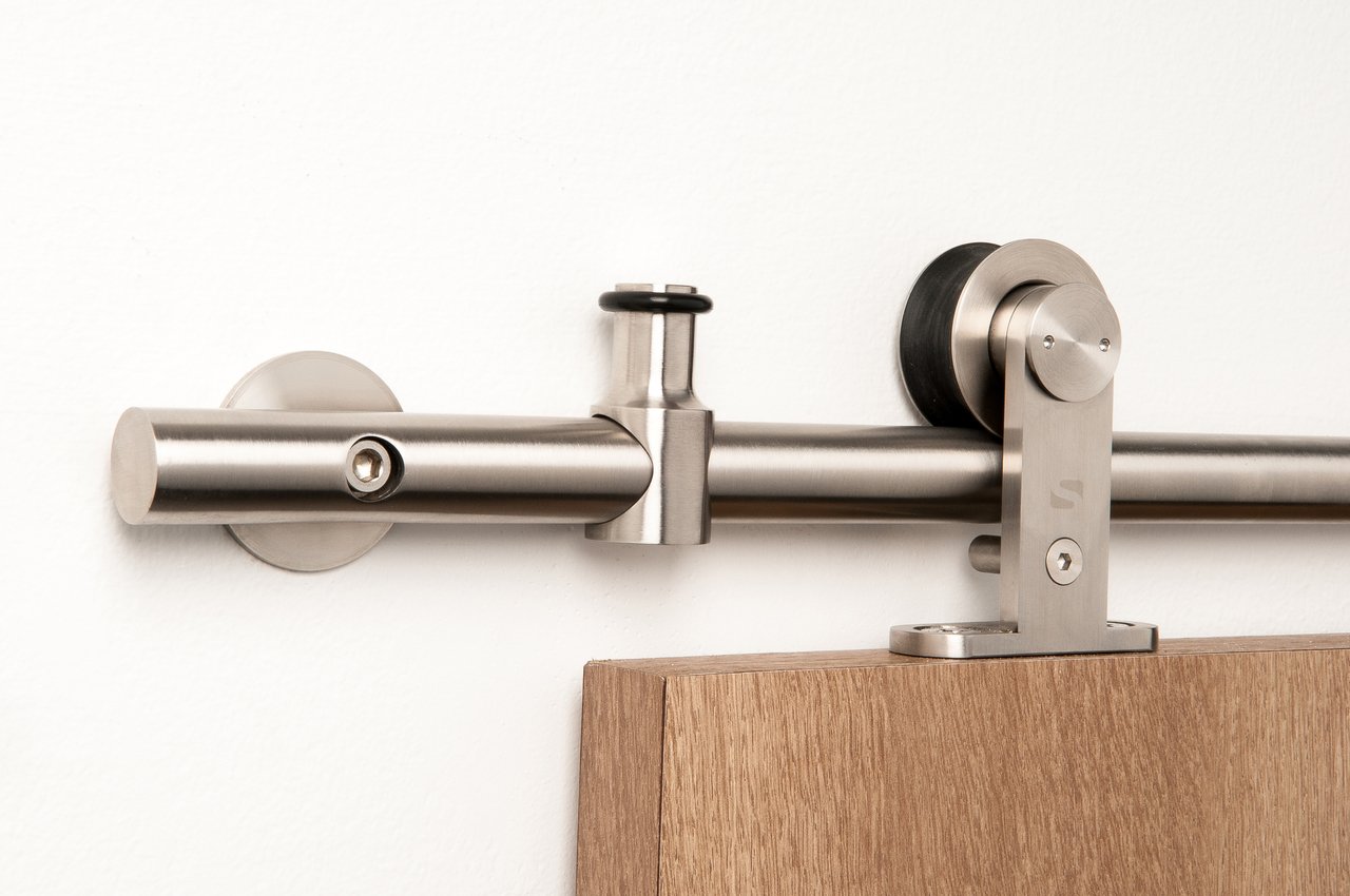 Contemporary Stainless Steel Sliding Barn Door Hardware Kit for Wood Doors - Satin Finish Grand-WT Series (8 Foot Rail Length) | Perfect for Farmhouse Style Homes, Bedrooms & Closets