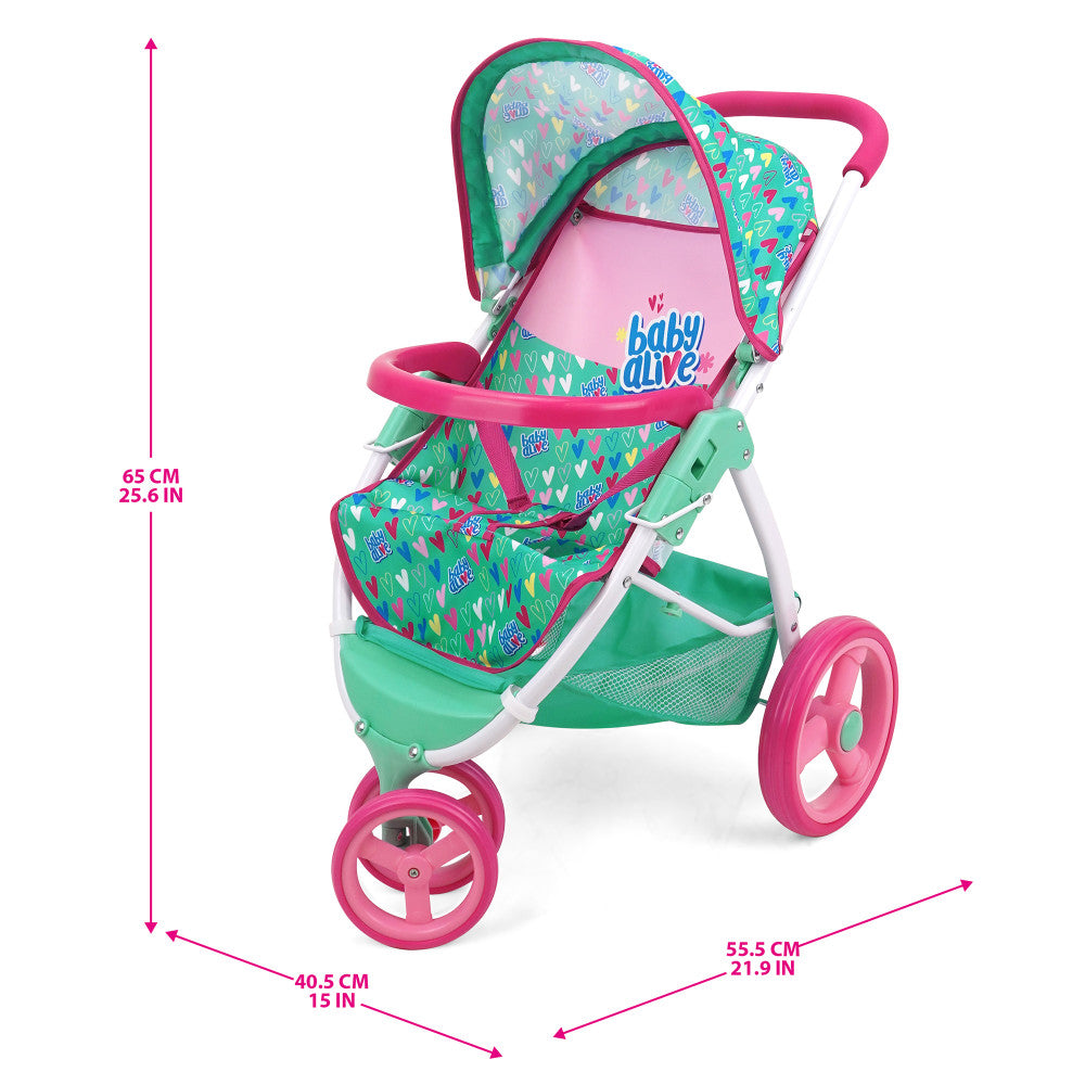 Baby Alive Heart Themed Doll Jogging Stroller - Pink & Green Playset for Toddlers | Pretend Play, Outdoor Walks & Role-Playing Games