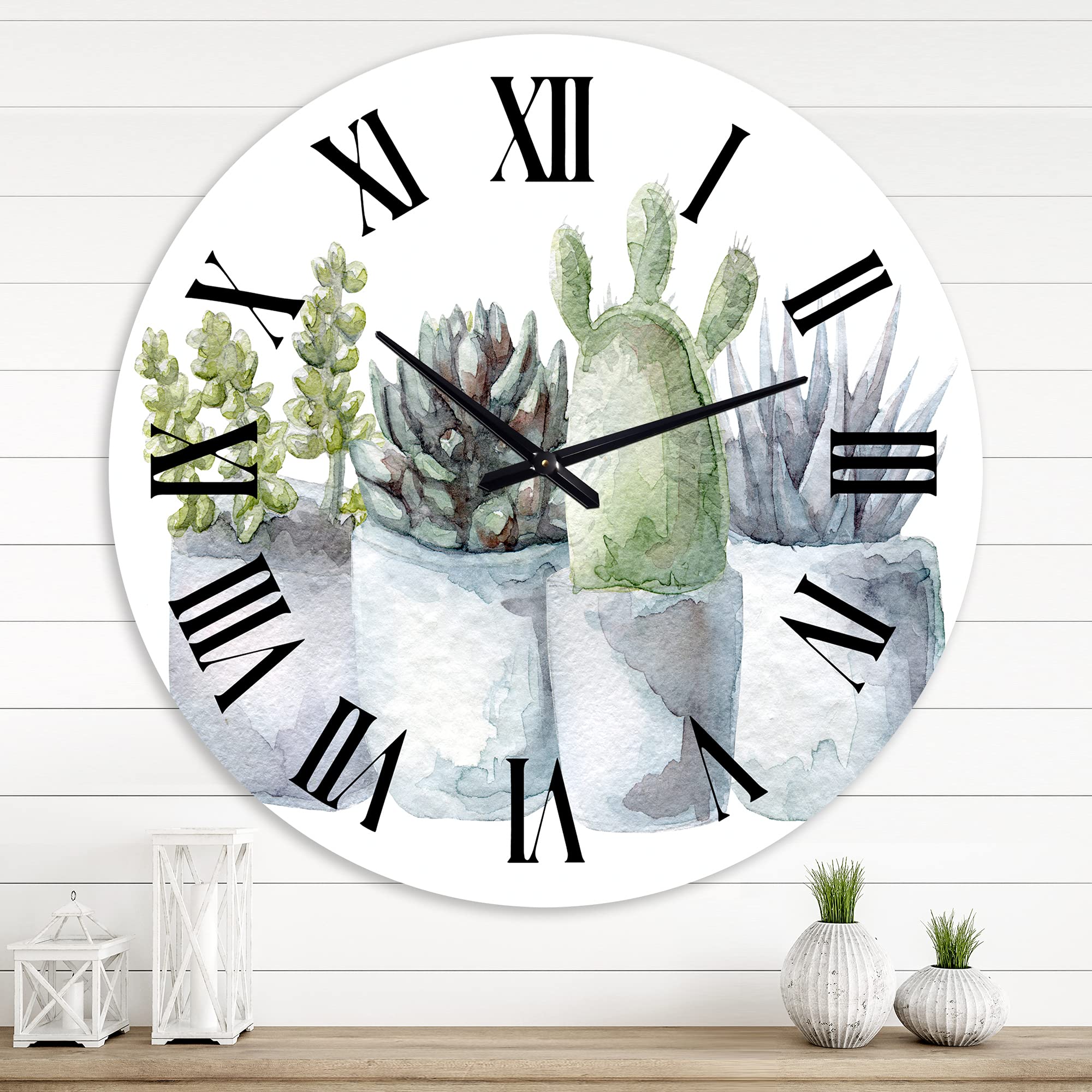 DesignQ Farmhouse Wall Clock - Large Cactus & Succulent Botanical Decor for Living Room, Kitchen, Bedroom | Rustic Floral Wall Art with Silent Movement