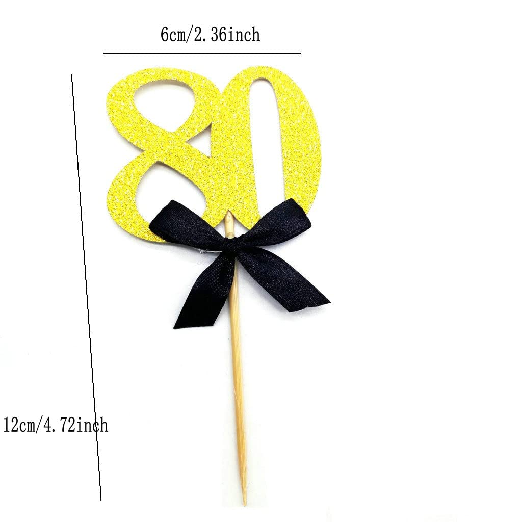 Black & Gold Glitter 80th Birthday Cupcake Toppers - 12pc Set for 80th Anniversary Party Decorations, Wedding & Celebration Cakes | Perfect for Milestone Birthdays, Retirement Parties & Special Occasions