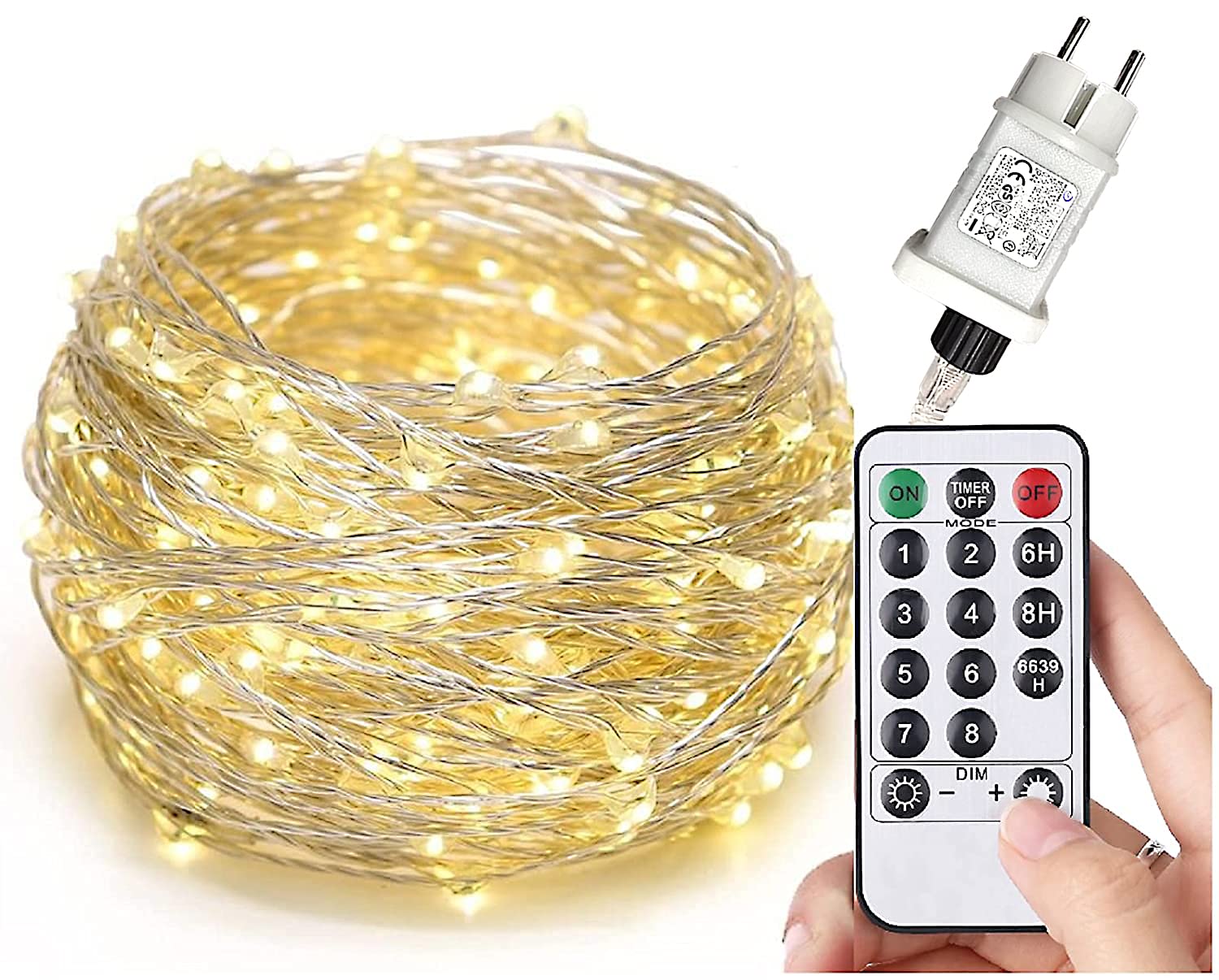 Gresonic 200/300 LED Silver Wire Fairy Lights - Indoor/Outdoor Battery Operated String Lights, Warm White (8 Modes, Timer, Dimmable, 200 LEDs) - Perfect for Christmas, Wedding, Party, Garden, and Home Decor