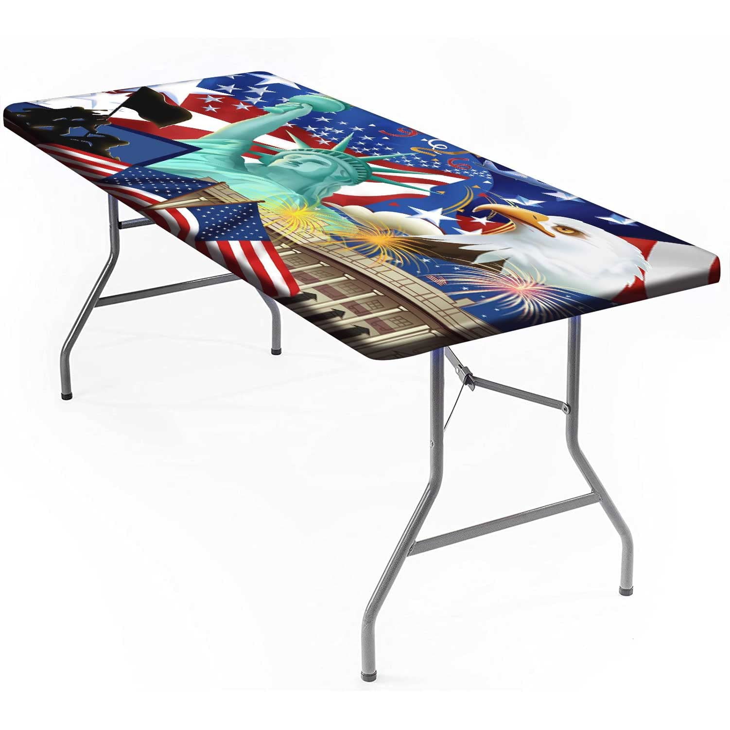 American Flag Rectangle Fitted Tablecloth - Statue of Liberty Design Elastic Edge Table Cover 30x60 Inch, Durable Polyester Picnic Table Cloth for 4th of July, Independence Day, Outdoor BBQ, Indoor Dining, Travel Parties & Patio Decor