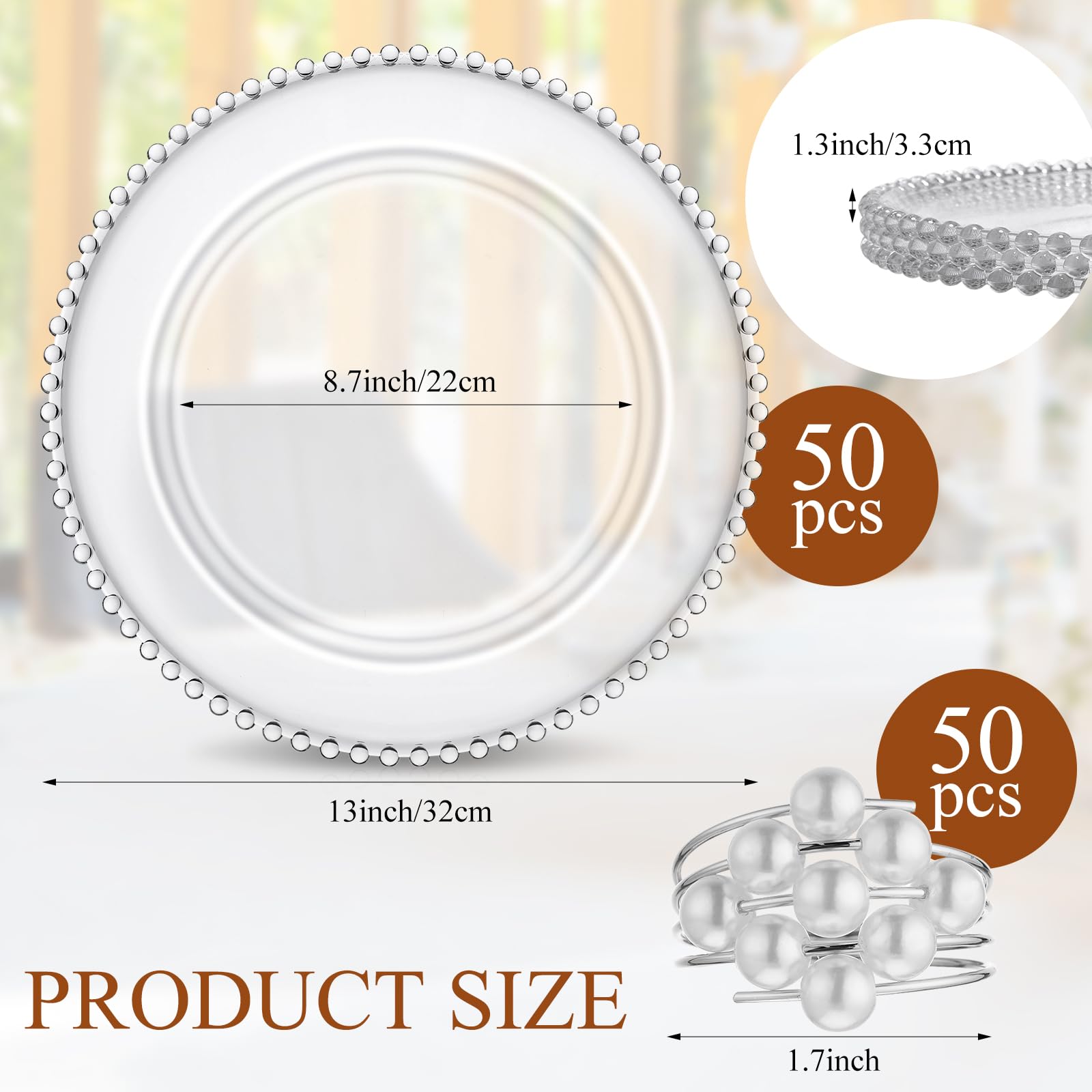 100 Pcs Clear Plastic Charger Plates Set - 50 Beaded 13