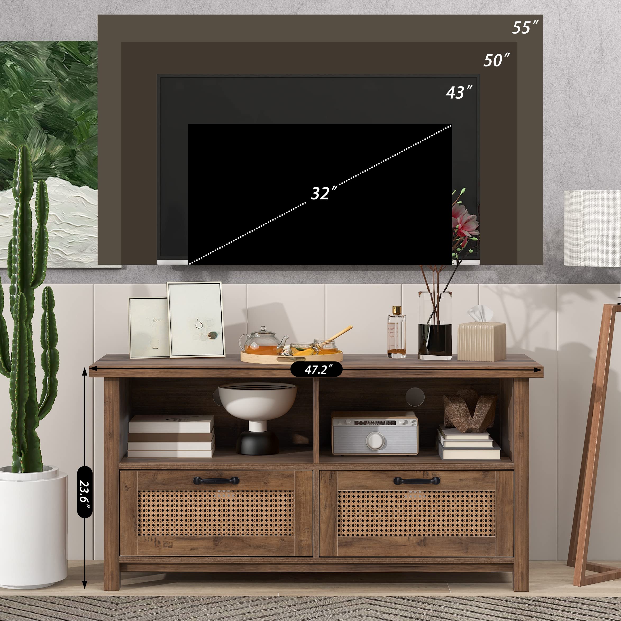 Modern Moselota TV Stand with Rattan Doors & Slide Rail Design - Fits Up to 55 Inch TVs - Yellow Entertainment Center for Living Room & Home Theater