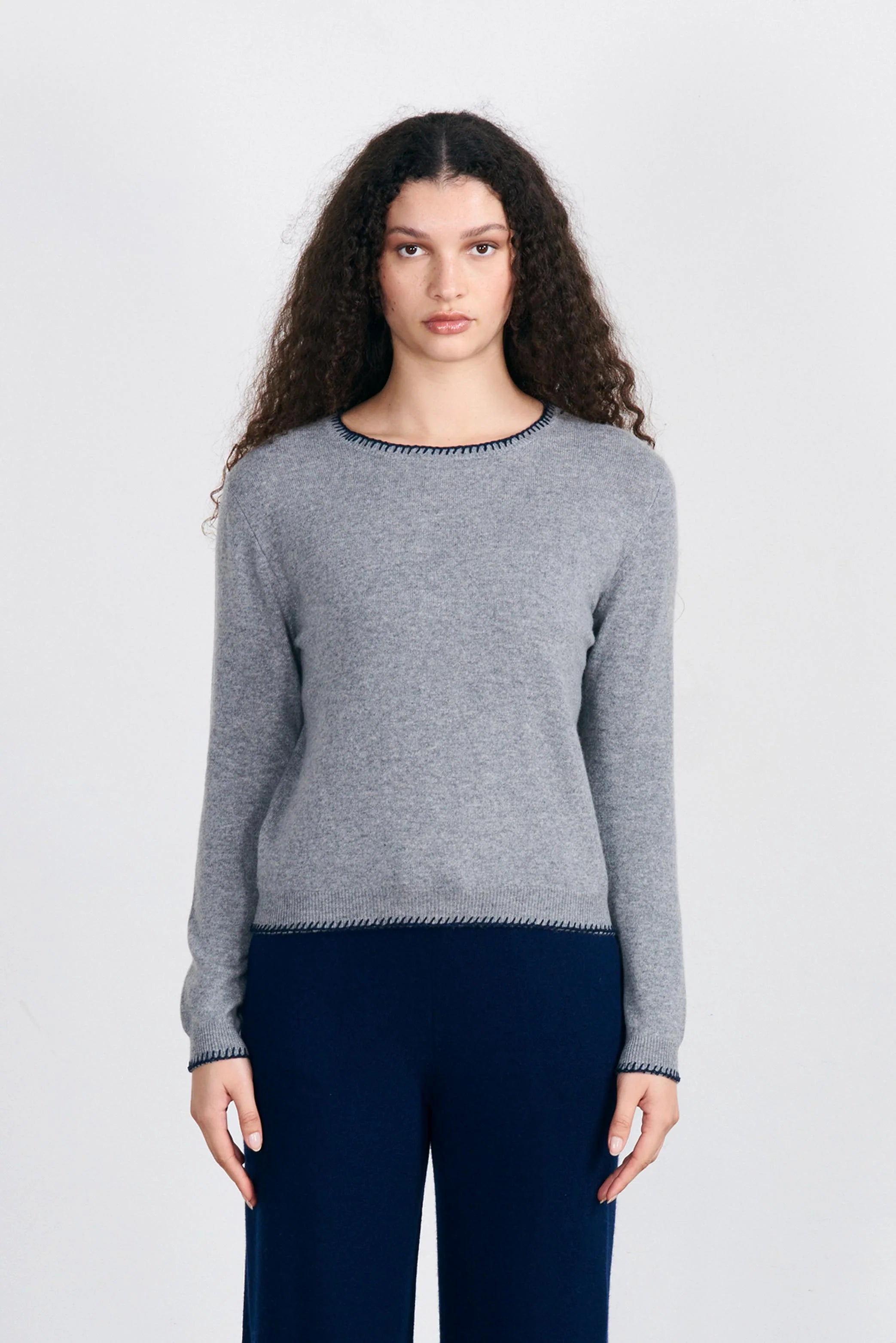 Luxury Cashmere Blanket Stitch Crew Sweater - Mid Grey Navy - Soft & Warm Winter Knitwear for Men & Women | Perfect for Cozy Evenings, Travel & Gifts