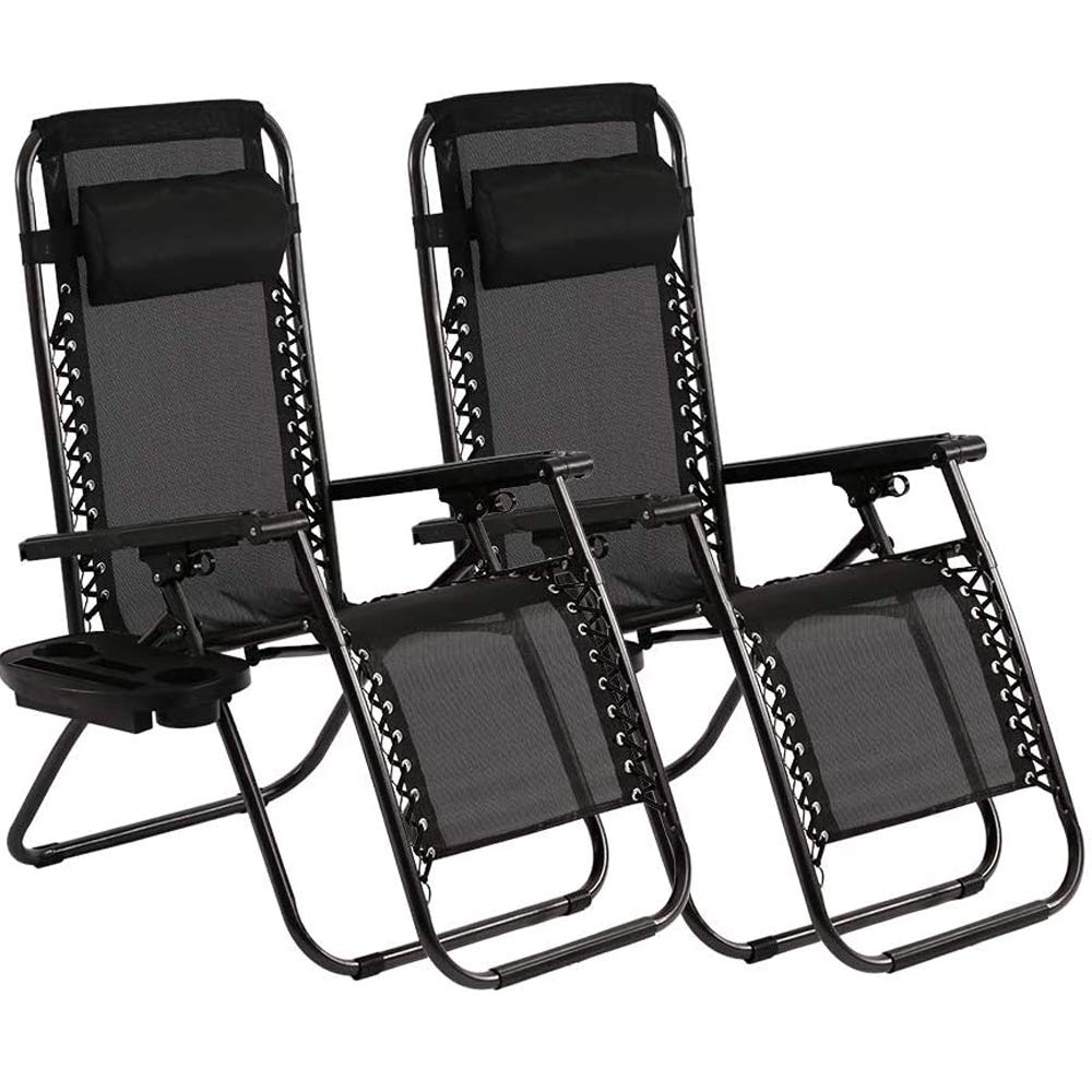 2 Pack Zero Gravity Lounge Chairs - Heavy Duty Adjustable Folding Outdoor Recliners with Cup Holder & Pillows - Perfect for Patio, Backyard, Poolside, Beach, Lawn, Deck & Camping - Black