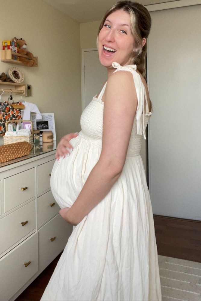 Beige Smocked Tie Strap Maternity Midi Dress for Pregnancy - Comfortable Stretchy Nursing Dress for Baby Shower, Maternity Photos & Everyday Wear