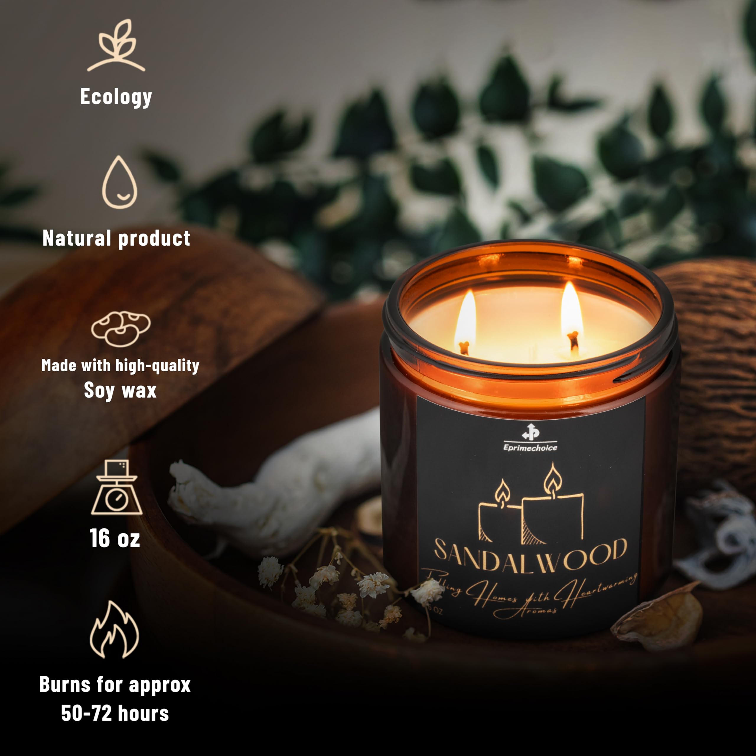 Premium Sandalwood Scented Soy Candle - Handmade Aromatherapy Candle for Relaxation & Stress Relief - Long Lasting 16oz Amber Jar Candle - Perfect for Home Decor, Yoga Meditation & Romantic Gifts for Men and Women