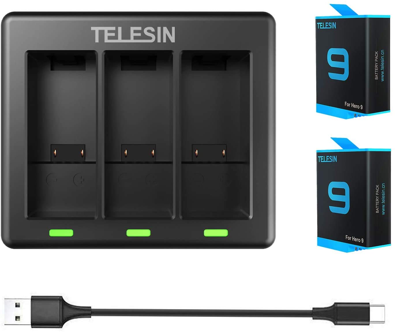 TELESIN Hero 10 & Hero 9 Replacement Batteries with 3-Channel LED USB Charger - Compatible with GoPro Hero 10/9 Black - Includes Charger + 2 Batteries - Perfect for Travel, Vlogging & Outdoor Adventures