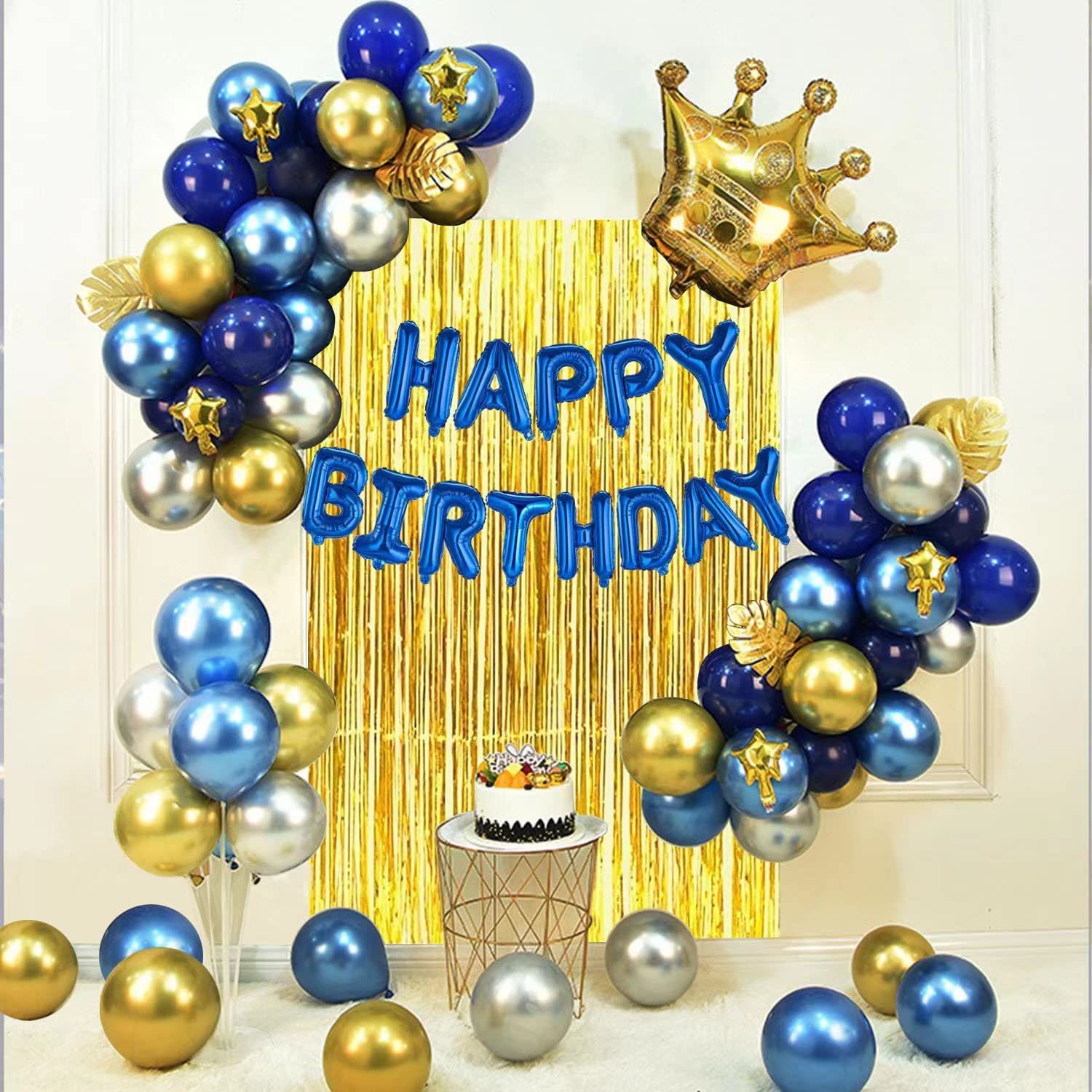 Gold & Silver Blue Birthday Party Decorations Set - Happy Birthday Banner, Balloons, Metallic Fringe Curtain, Golden Crown | Perfect for Kids, Adults, Men & Women | Birthday Parties, Baby Showers, Anniversaries