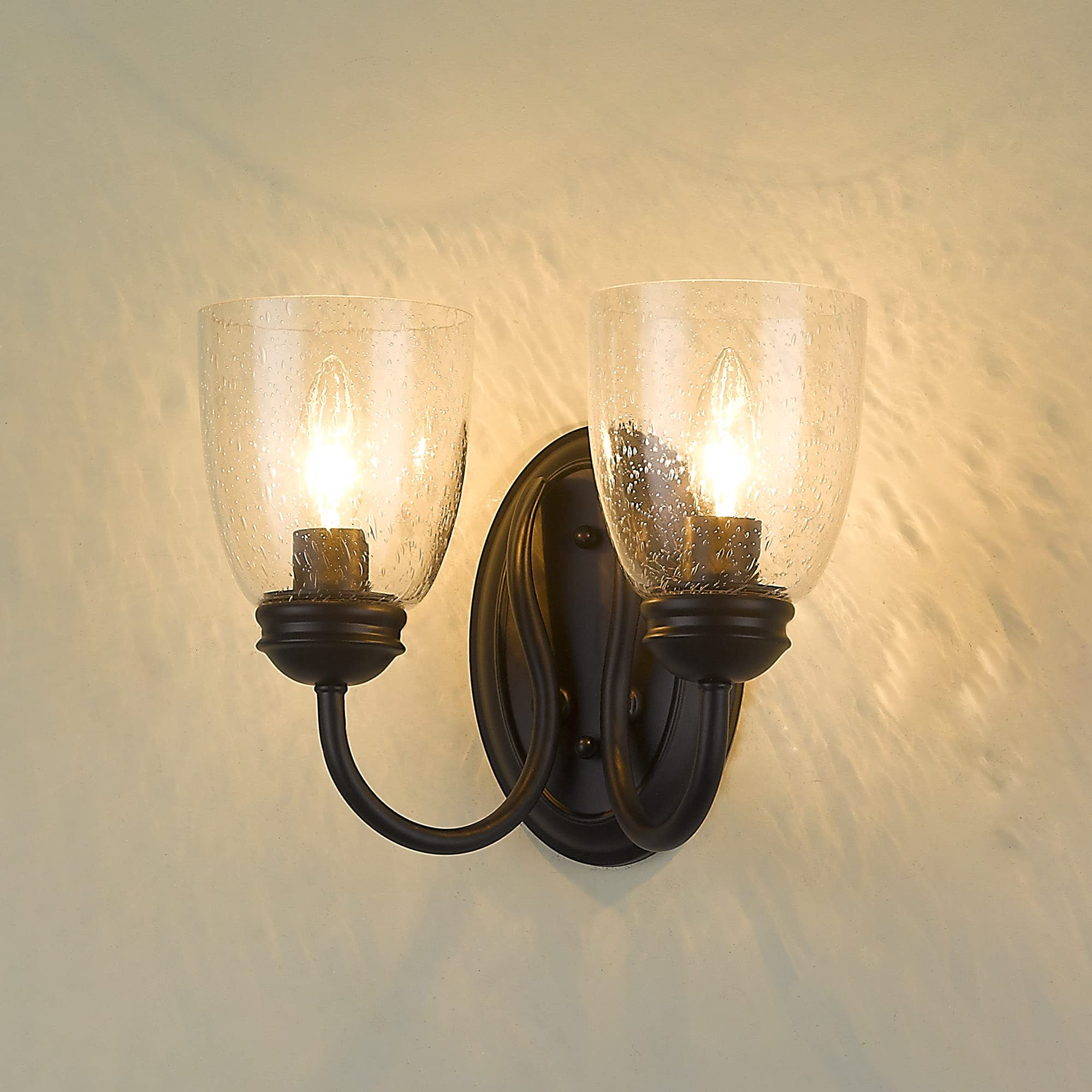 Parrish 2-Light Wall Sconce in Matte Black with Seeded Glass - Modern Wall Lighting Fixture for Bedroom, Living Room & Hallway