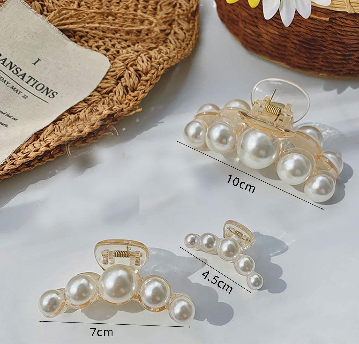 SSDN 3-Pack Pearl Stone Hair Clutchers + 22 Hair Ties + 10 Colorful Bobby Pins - Large Medium Small Hair Claws for Women & Girls | Perfect for Ponytails, Braids, and Everyday Hair Styling