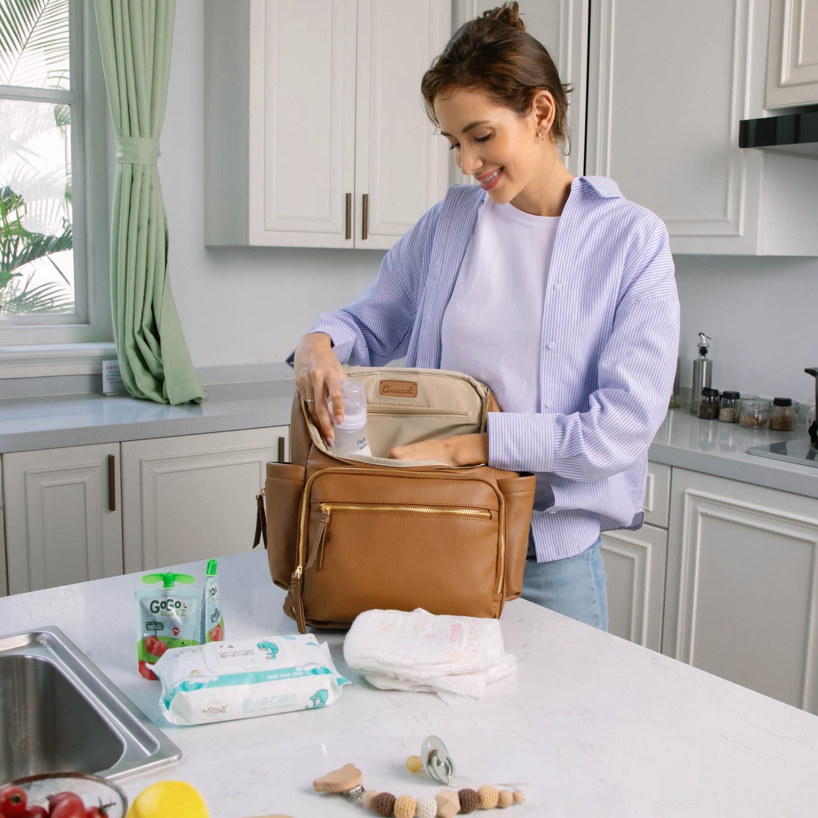 Premium Leather Diaper Bag Backpack for Moms - 17 Organizing Pouches, Changing Pad & Stroller Straps | 4 Insulated Pockets | Stylish Brown Baby Bag for Travel, Daycare & On-the-Go Parenting
