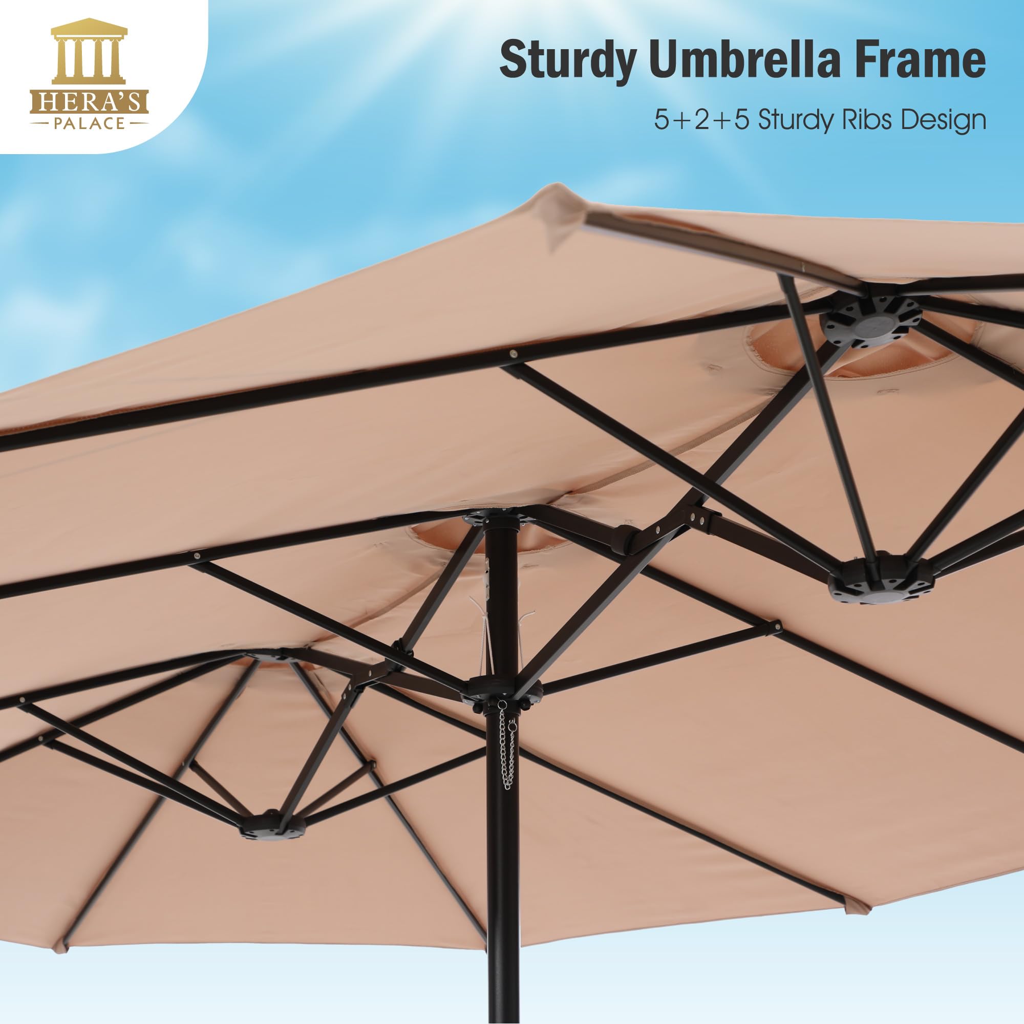 HERA'S PALACE 15ft Rectangle Patio Umbrella with Heavy Duty Base - Outdoor Market Umbrella for Deck, Poolside, Picnic, and Commercial Use - Beige